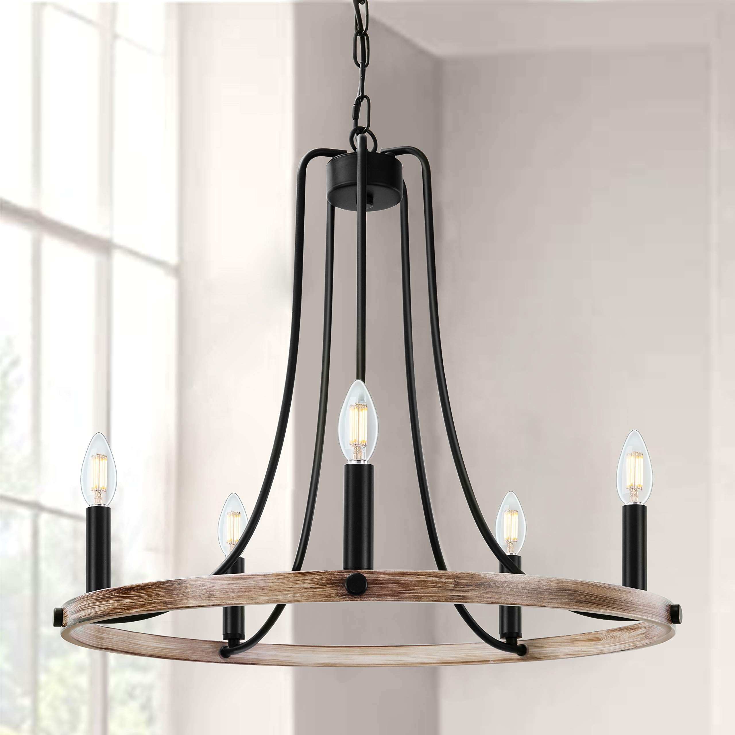Wellmet Rustic Foyer Chandeliers, 5 Lights Modern Farmhouse Candle Wagon Wheel Chandelier
