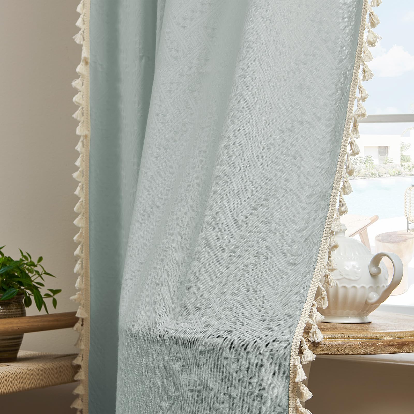 ستائر Joydeco Ice Blue Boho مقاس 275 سم وعرض 264 سم، ستائر ريفية بوهيمية لغرفة النوم وغرفة المعيشة، ستائر ريفية شبه شفافة مزودة بجيوب للقضيب لتصفية الضوء