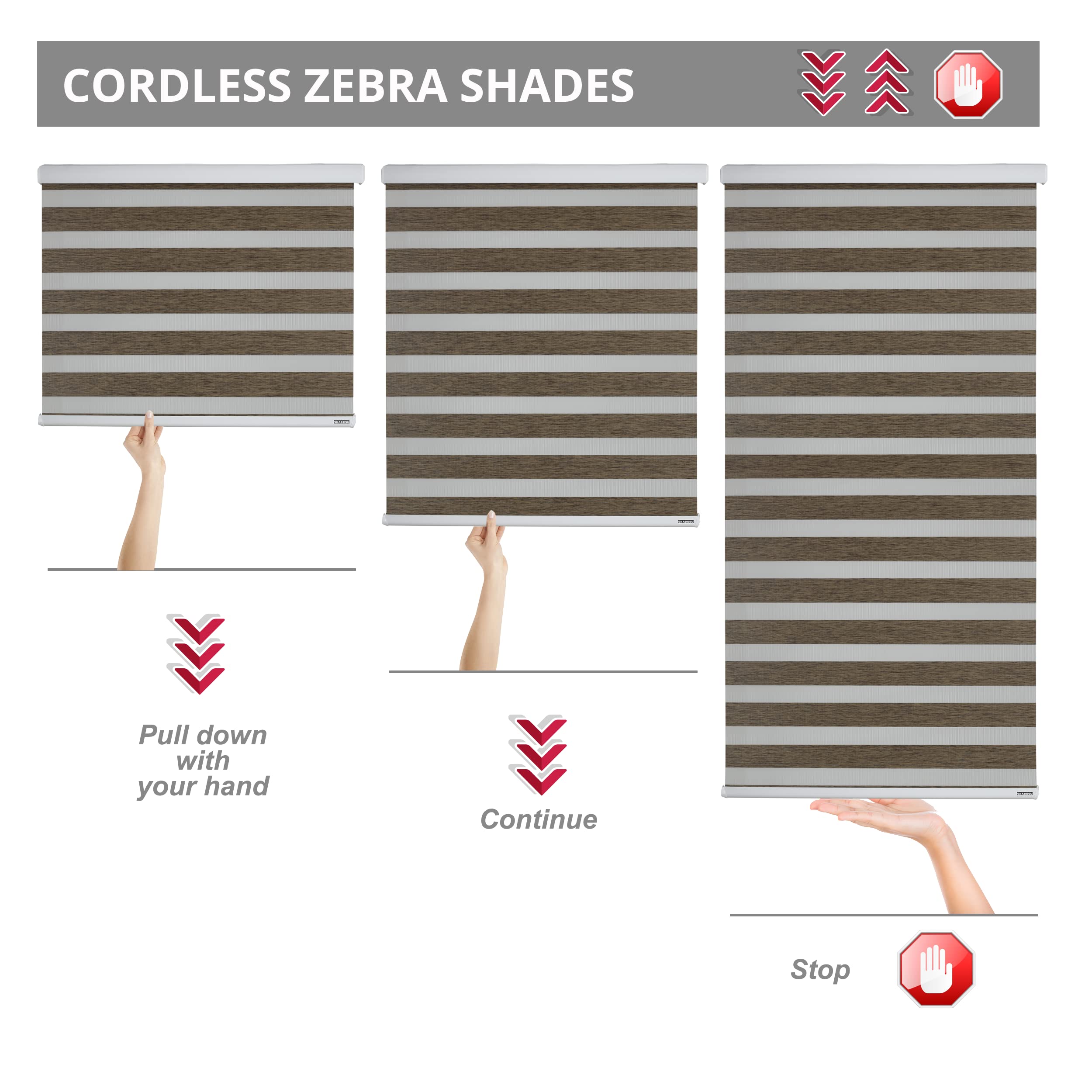 ShadesU Cordless Zebra Shades for Windows, W 152 cm x H 182 cm, Brown