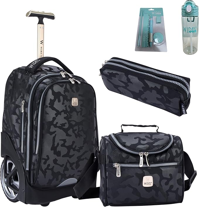 WIRES Trolley School bag 3 PCS set All in One Incloude Pencil case, Lunch bag and trolley bag, Water resistant Fabric, Anti Theft Zipper, Laptop Compartment W24539