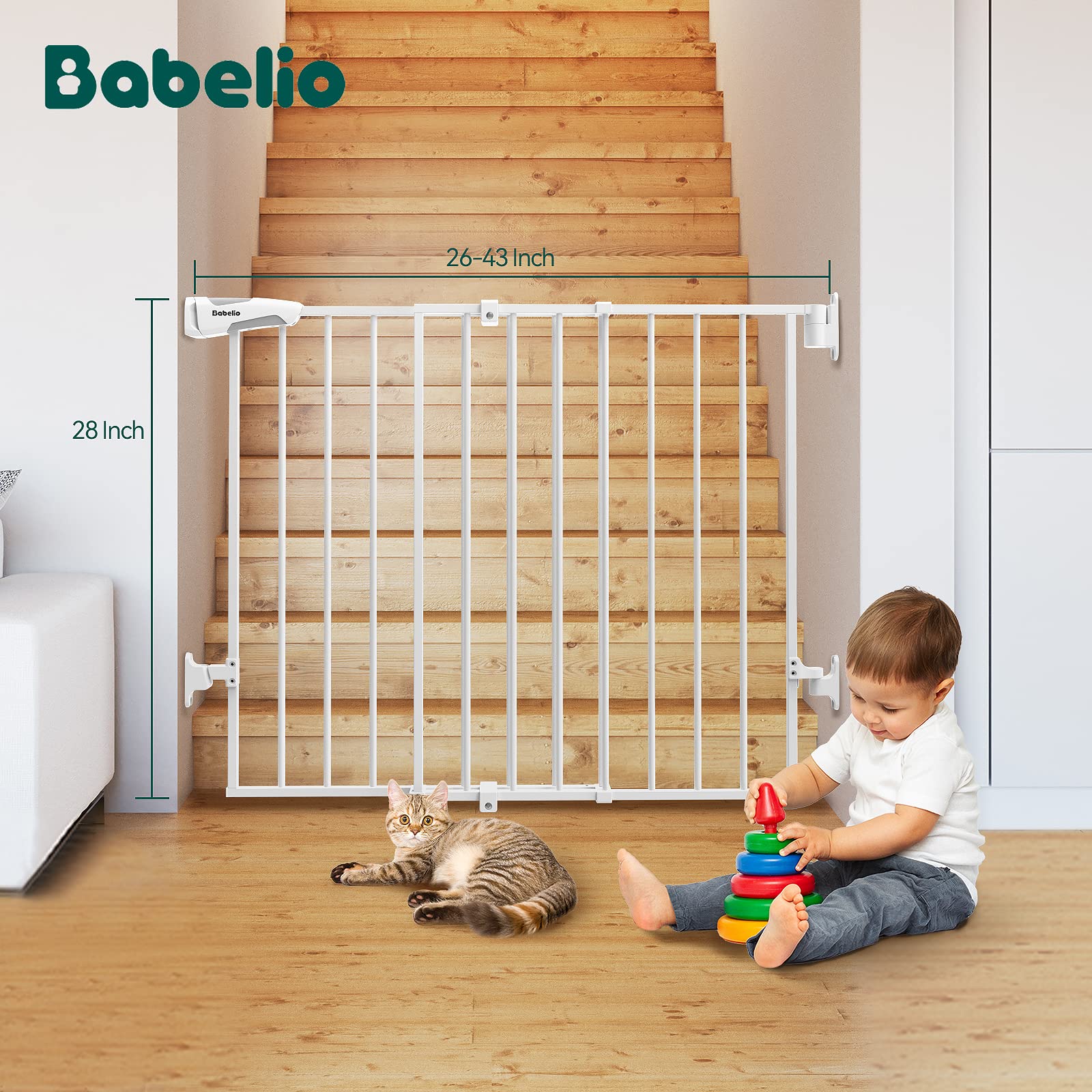 Babelio 66x109 cm No Bottom Bar Baby Gate for Babies, Elders and Pets(White)