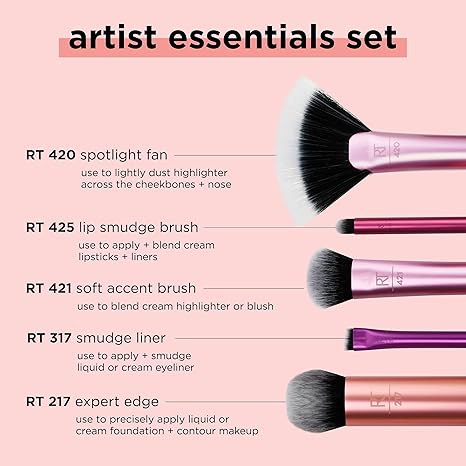 Real Techniques Artist Essentials Makeup Brush Set, For Foundation, Blush, Highlighter, Eyeshadow, & Liner, Professional Makeup Tools, Synthetic Bristles, Vegan & Cruelty-Free, 5 Piece Set