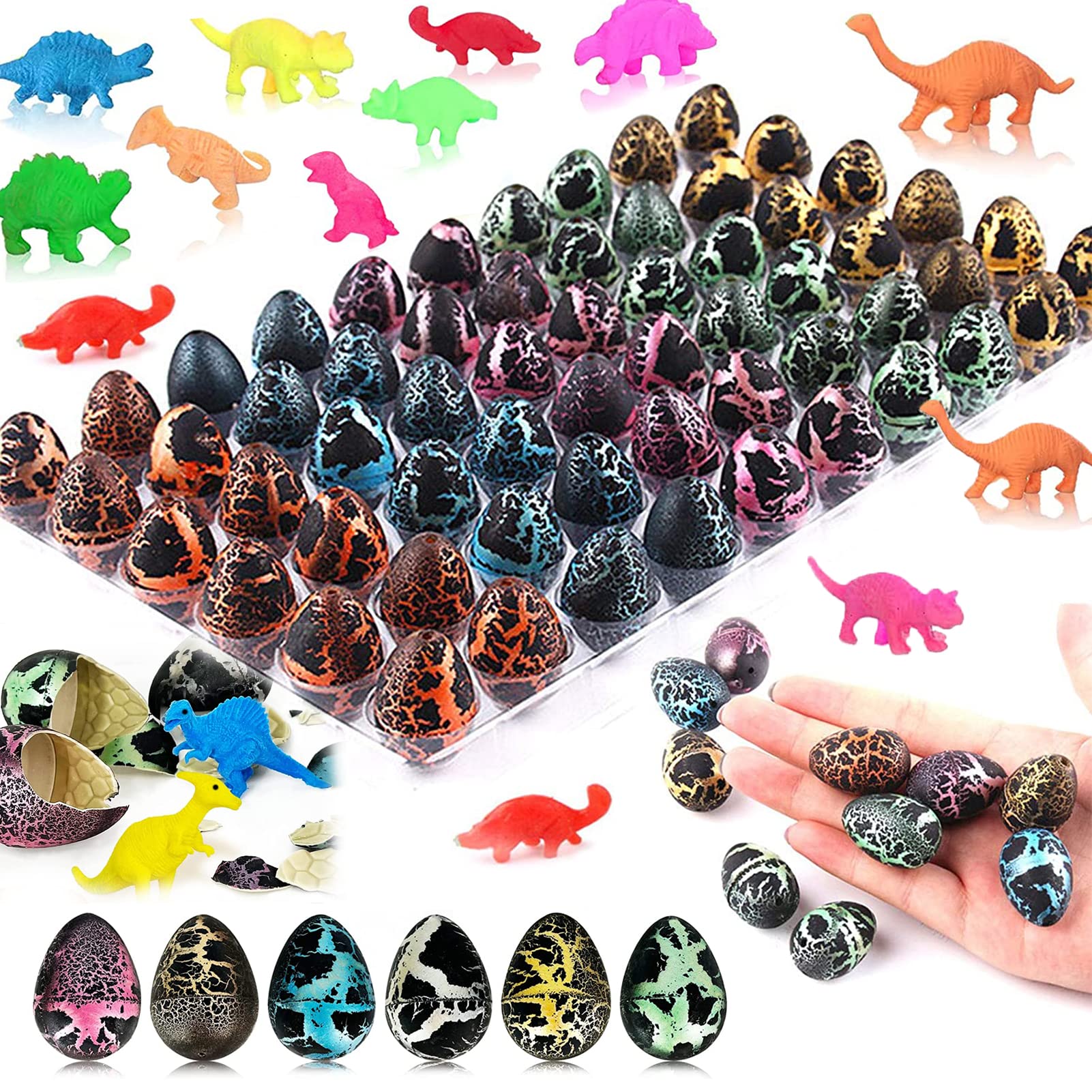AM ANNA Dinosaur Eggs Toys,60 Pack Easter Dinosaur Eggs Hatching Dino Egg Grow in Water Games Science Kits Crack for Boys Girls with Hunting Game Easter Stuffers Birthday Easter Gifts Party Favor