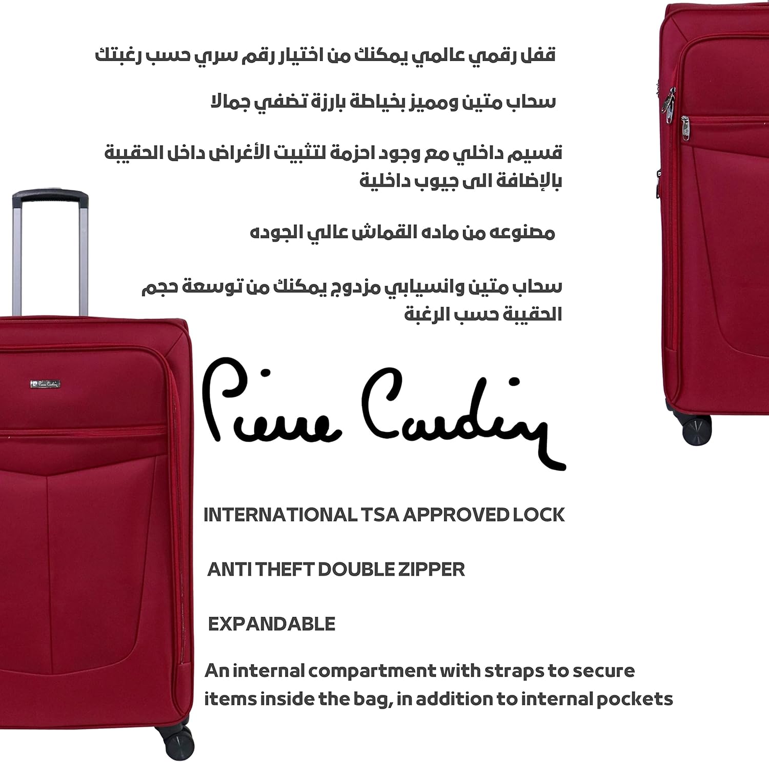 Pierre Cardin Luggage Premium Softside Material Suitcase for Travel and Business, TSA Approved, ANTI Theft Double Zipper, Uster Collection (Set of 3, Red)