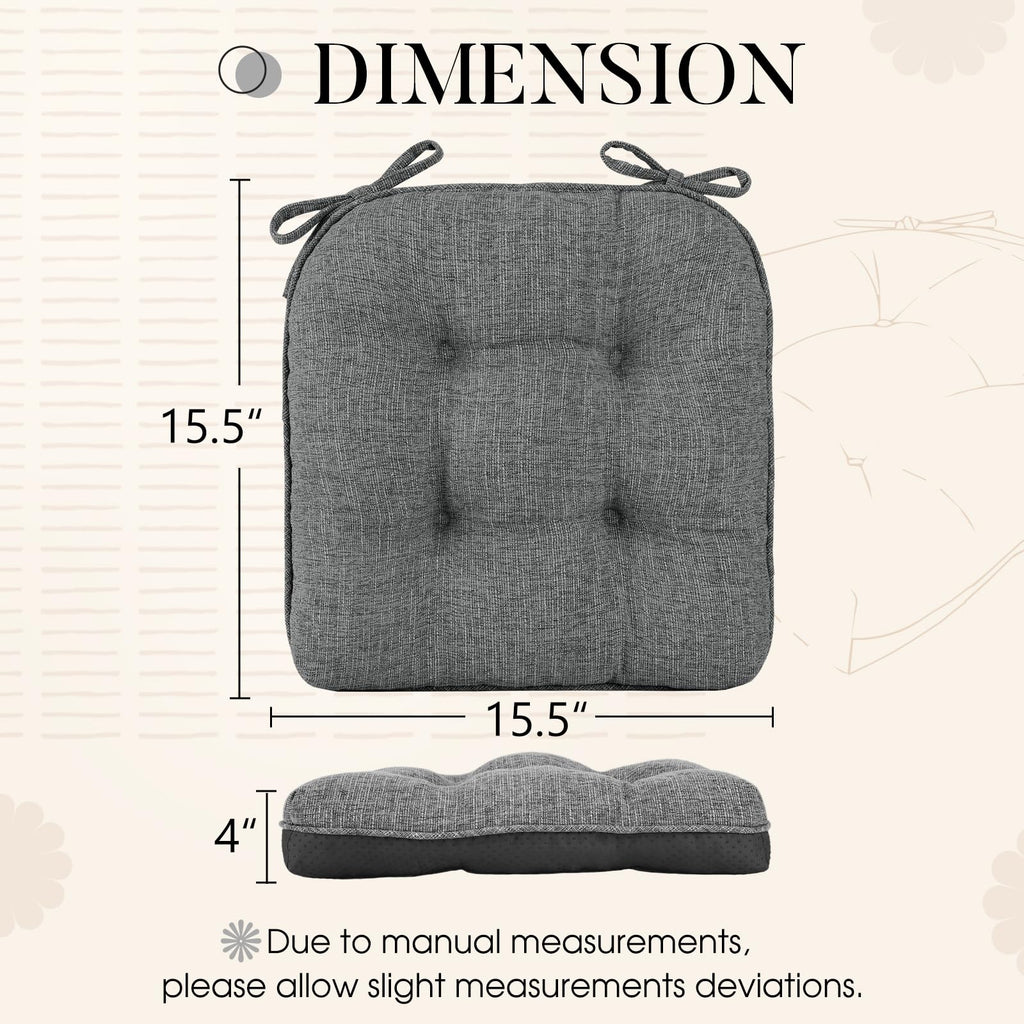 Basic Beyond Chair Cushions for Dining Chairs 4 Pack, Memory Foam Chair Cushion with Ties and Non Slip Backing 40 x 40 CM Tufted Chair Pads for Dining Chairs(Charcoal)