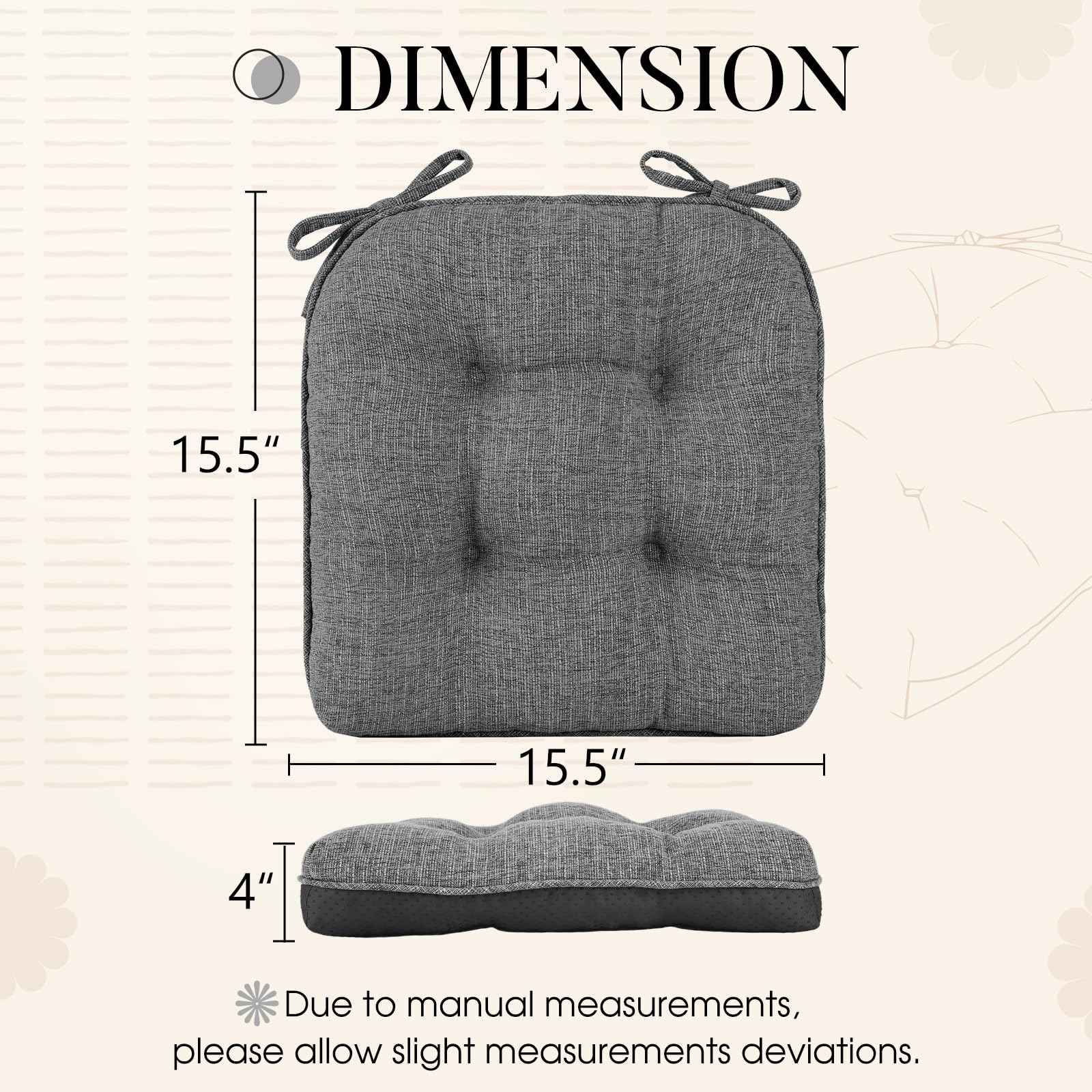 Basic Beyond Chair Cushions for Dining Chairs 4 Pack, Memory Foam Chair Cushion with Ties and Non Slip Backing 40 x 40 CM Tufted Chair Pads for Dining Chairs(Charcoal)
