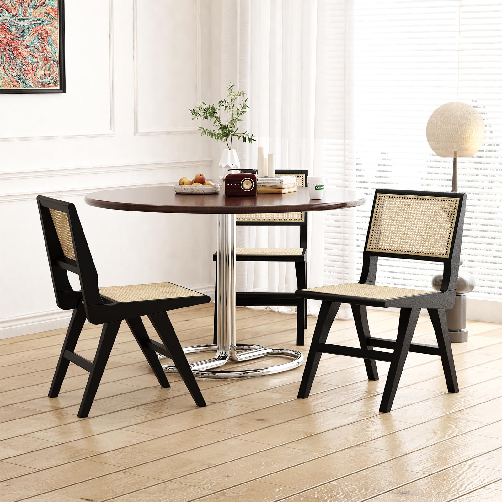 Accent Chair Dining Chairs Set of 2, Solid Wood Frame Boho Rattan Chair, Mid Century Modern Accent Chairs for Living Room Bedroom Dining Room Kitchen (Black)