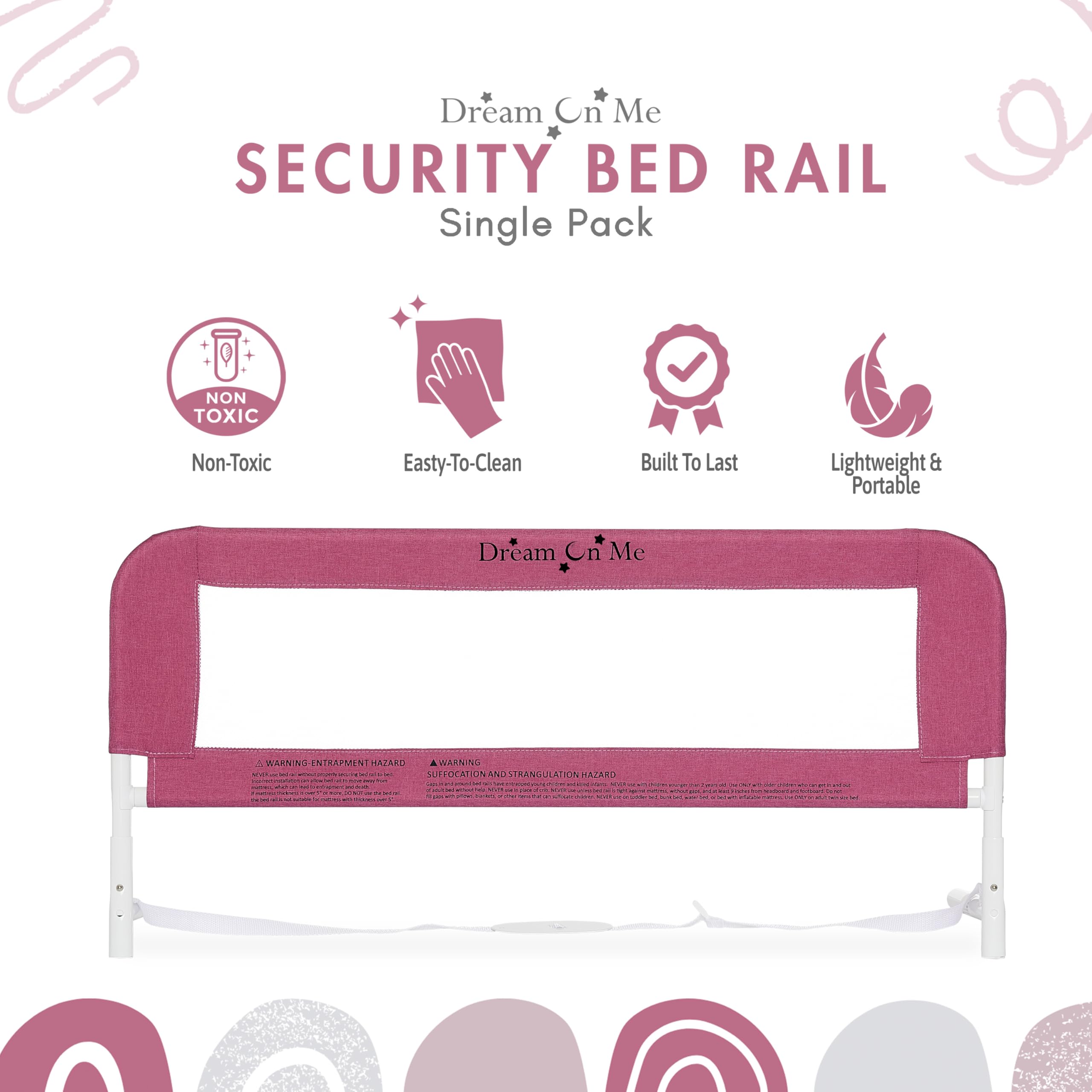 Dream On Me Lightweight Mesh Security Adjustable Bed Rail for Toddler, Breathable Mesh Fabric, Suitable for All Types of Beds, Reinforced Anchor System Bed Guard Rail, Pink