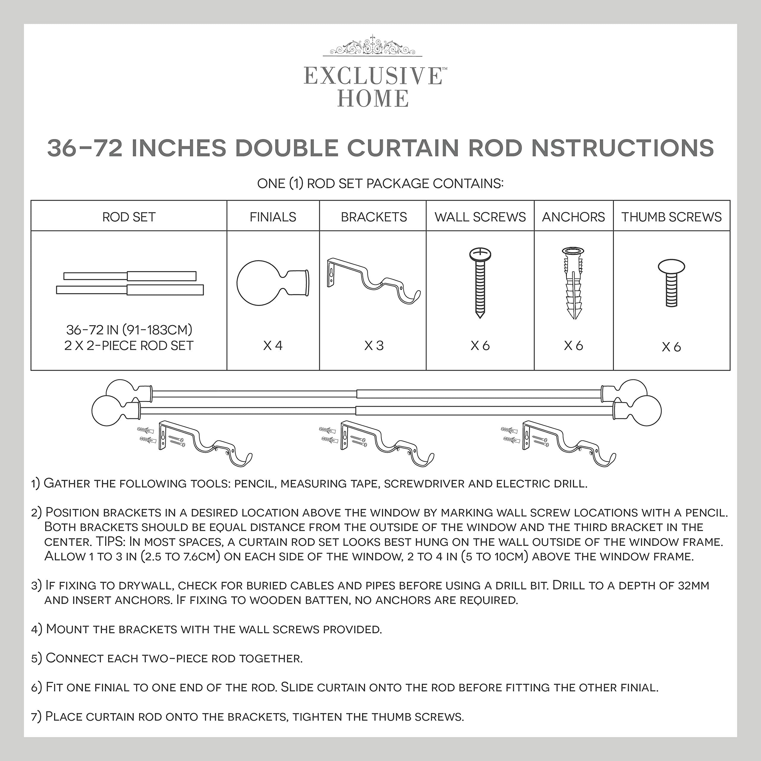 Exclusive Home Curtains ER1025-06 3672 Topper Double Curtain Rod and Finial Set, 36"-72", Distressed White