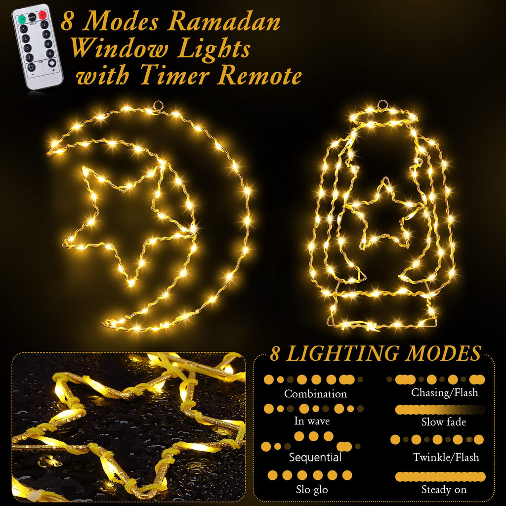 Enhon 2 Pcs Ramadan Mubarak Decorations Window Light, 8 Light Modes Warm White Eid Mubarak Silhouette Light Battery Operated, Islamic Muslim Decor for Window Door Wall (Star Moon and Candle Lantern)