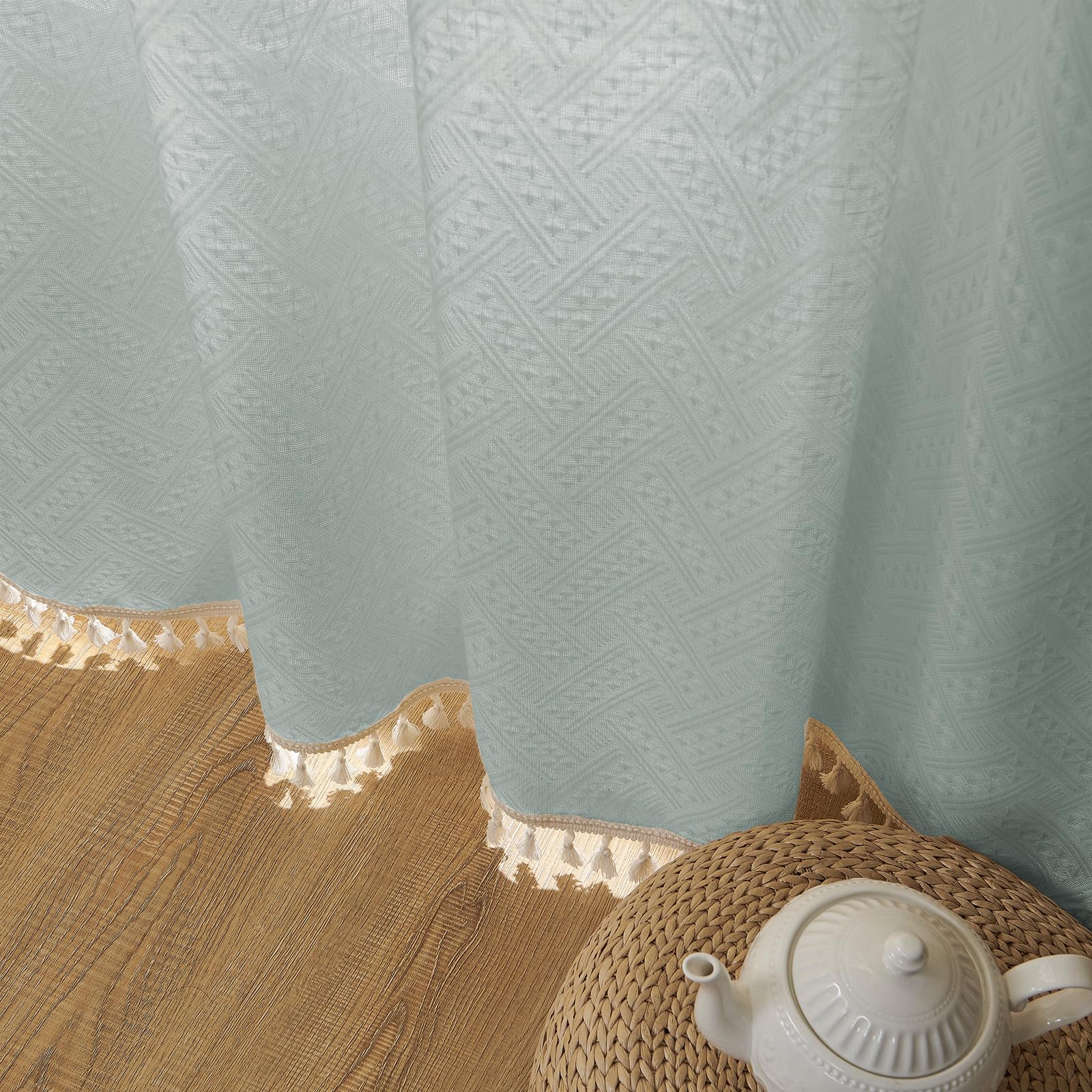 Joydeco Ice Blue Boho Curtains 275cm Curtains 264cm Inches Wide, Bohemian Farmhouse Curtains for Bedroom Living Room, Light Filtering Country Rustic Semi Sheer Curtains Rod Pocket
