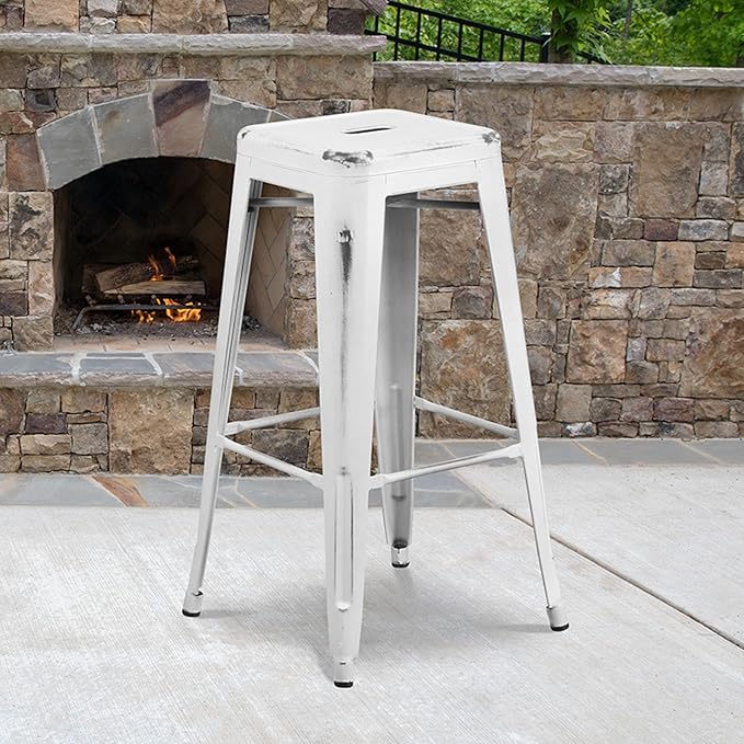 Flash Furniture Kai Commercial Grade 30" High Backless Distressed White Metal Indoor-Outdoor Barstool