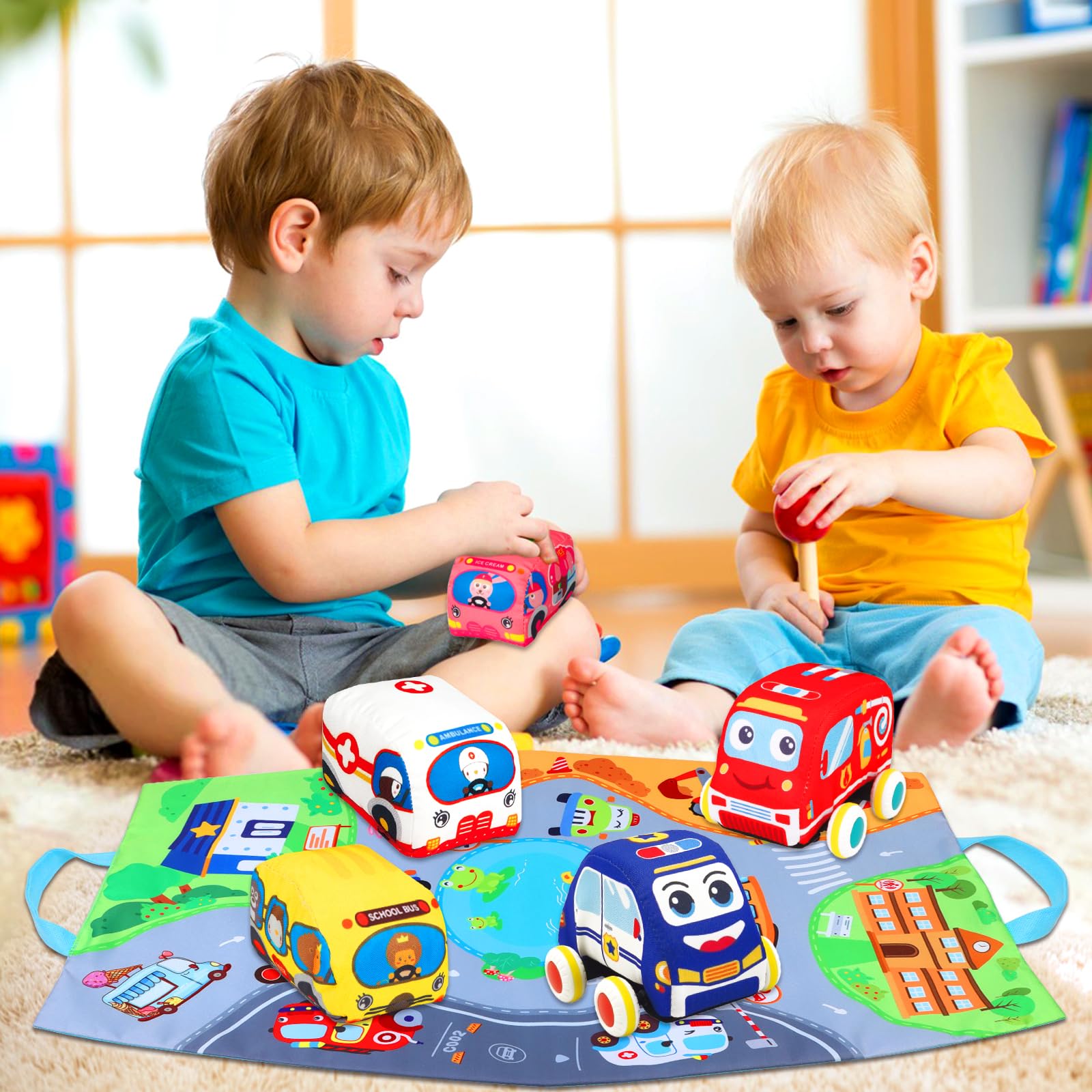 Soft Car Toys for 1 Year Old Boy Girl - Baby Toys 6 to 12 Months 12-18 Months Pull Back Car Vehicle Set with Playmat - 1st Birthday Gifts for Toddler Toys Age 1-2 - Baby