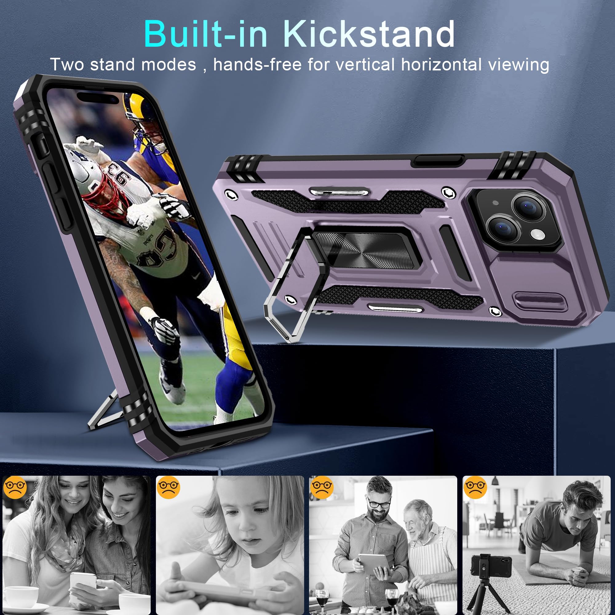 جراب BAHAHOUSES لهاتف iPhone 15 مع غطاء كاميرا منزلق، وحامل حلقي دوار، وغطاء واقٍ مقاوم للصدمات بدرجة عسكرية - أرجواني غامق