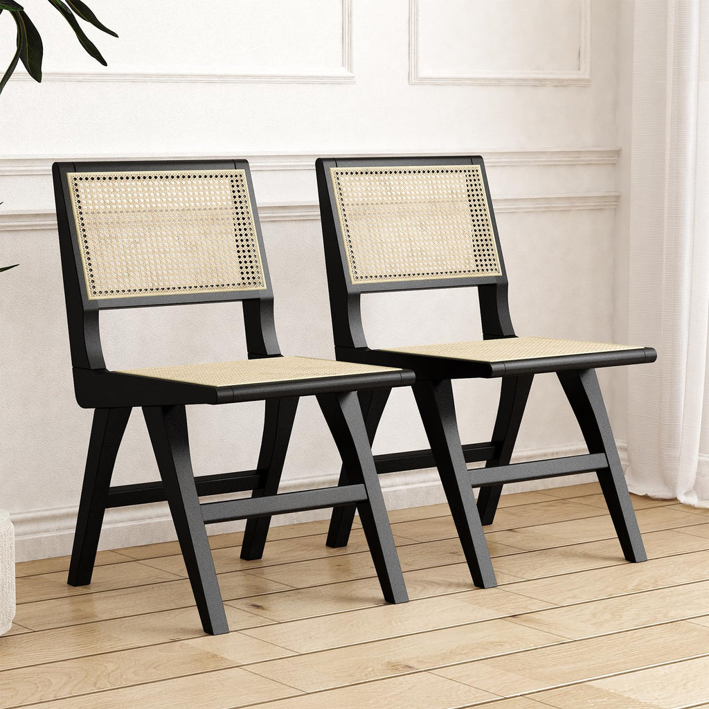 Accent Chair Dining Chairs Set of 2, Solid Wood Frame Boho Rattan Chair, Mid Century Modern Accent Chairs for Living Room Bedroom Dining Room Kitchen (Black)