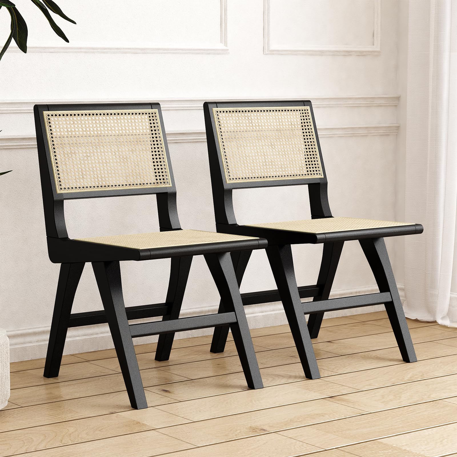 Accent Chair Dining Chairs Set of 2, Solid Wood Frame Boho Rattan Chair, Mid Century Modern Accent Chairs for Living Room Bedroom Dining Room Kitchen (Black)