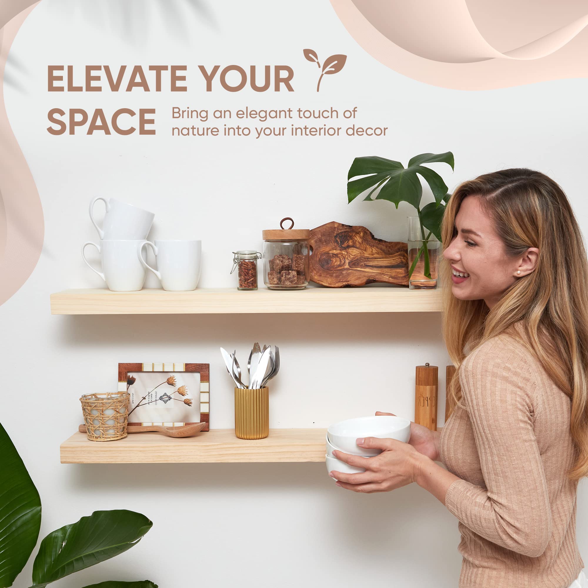 Homeforia Rustic Farmhouse Floating Shelves, Bathroom Wooden Shelves for Wall Mounted, Thick Industrial Kitchen Wood Shelf - 30 x 6.5 x 1.75 inch - Set of 2 - Unfinished - No Stain - DIY