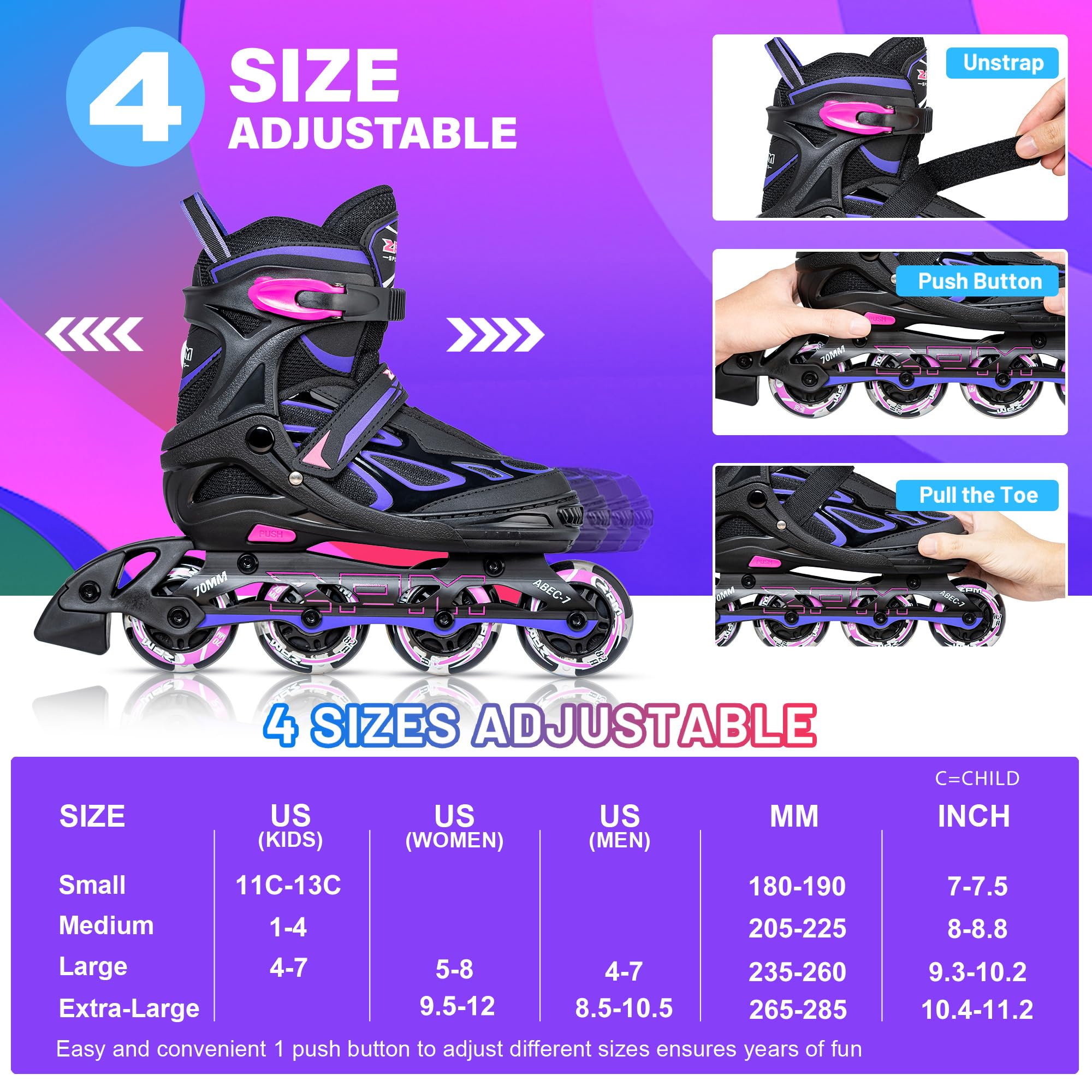 Size: 42-44.5 - 2PM SPORTS Vinal Inline Skates for Women with Light Up Wheels Beginner Skates Fun Illuminating Outdoor Roller Skates for Kids and Adults Men - Vinal Extra Large