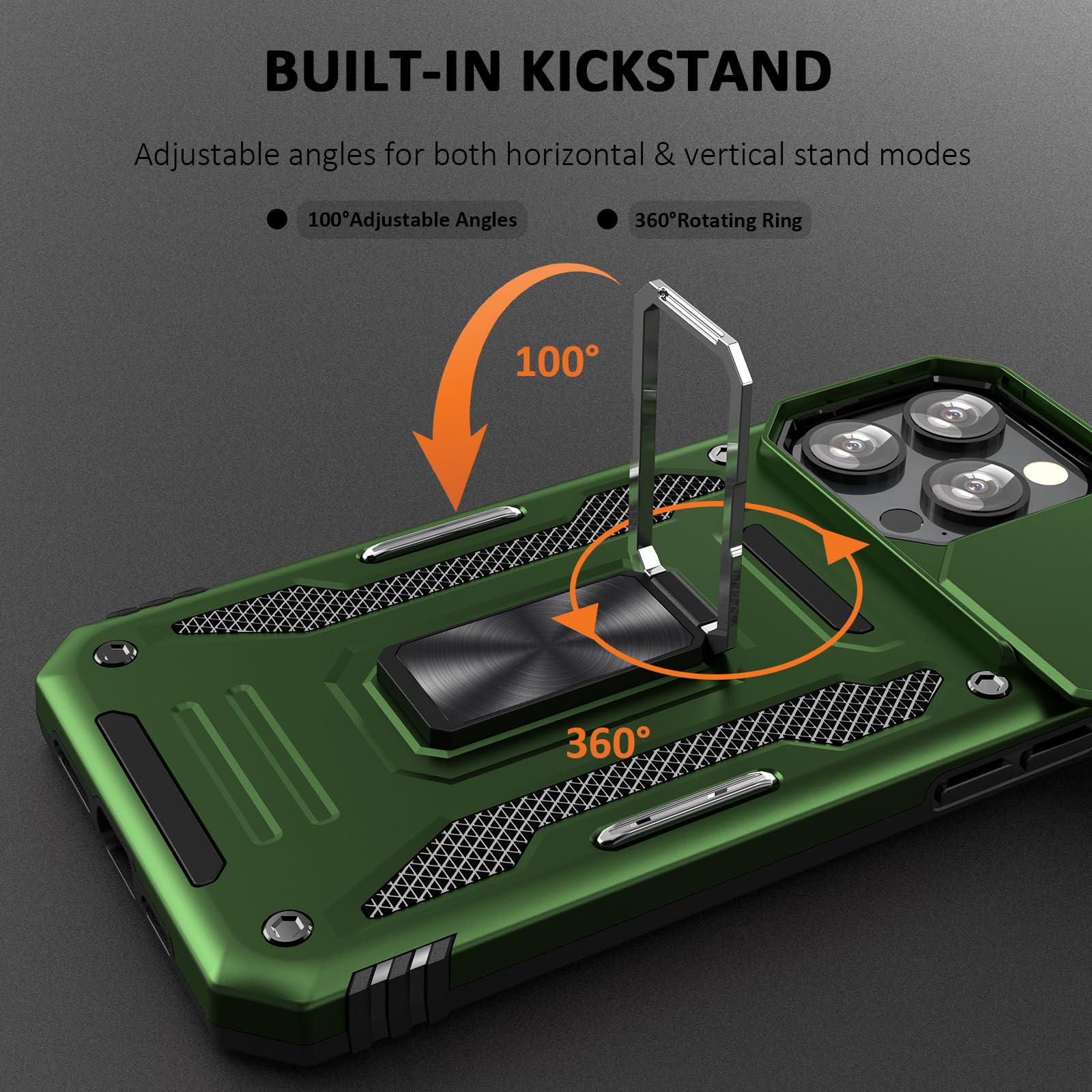 UKLCCU Case for 15 Pro iPhone Phone Case iPhone 15 Pro Case for Men with Slide Camera Cover, Built-in 360° Rotate Ring Stand for iPhone 15 Pro - Olive Green