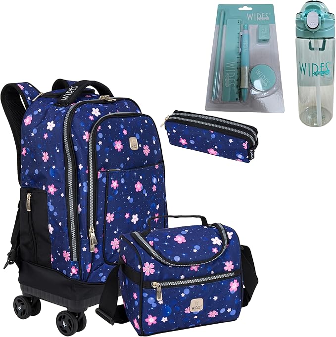 Wires Trolley backpack 5 Pcs Set Includes Pencil case, Lunch bag and rolling backpack, Trolley School Bag All in one set, Laptop Compartment, Anti Theft Zipper W24567