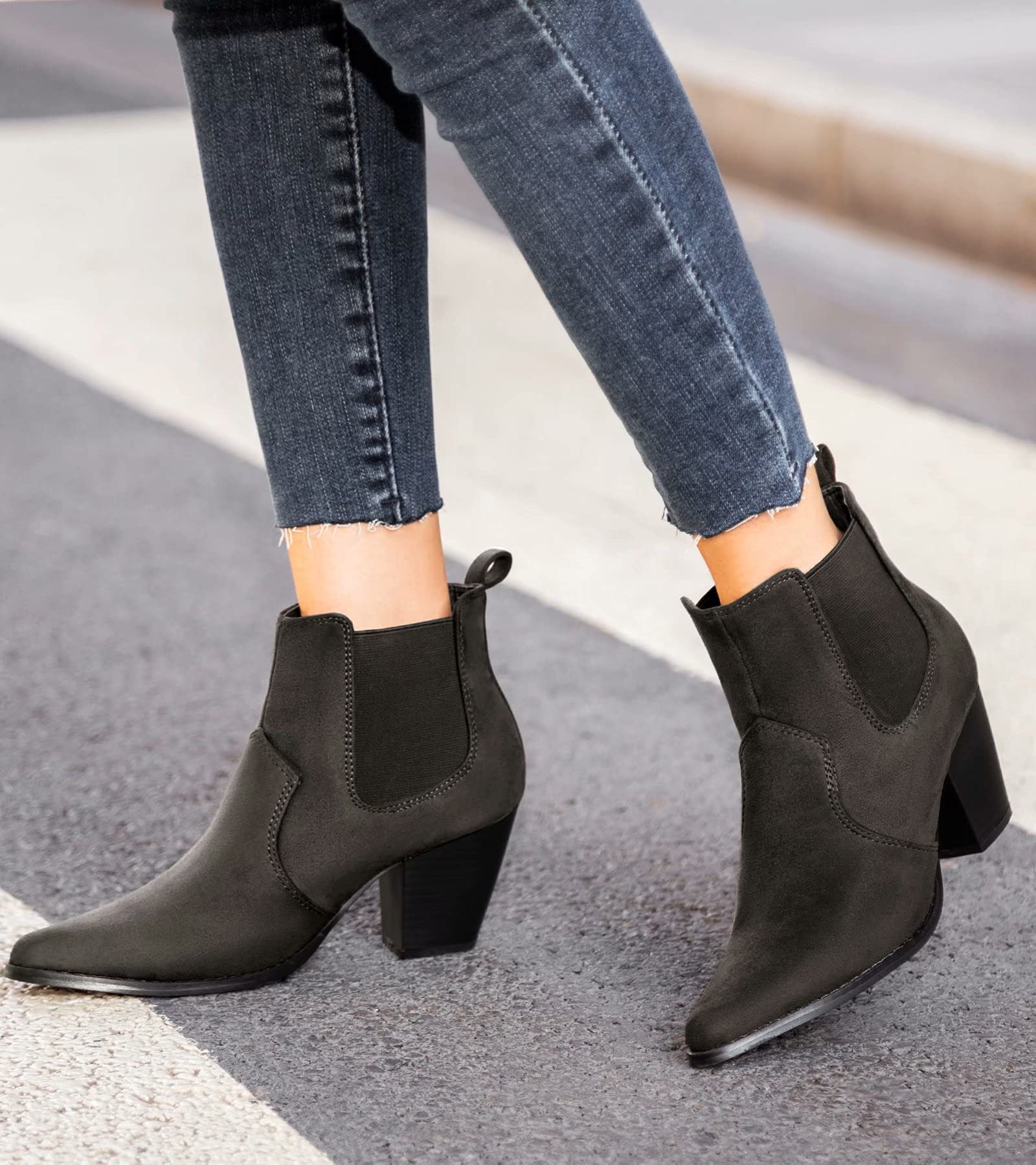 Size: 38 - MaxMuxun Women's Chunky Heel Boots Ankle Boots for Women Western Booties Faux Leather Pointed Toe Chelsea Fall Boots for Women 2024