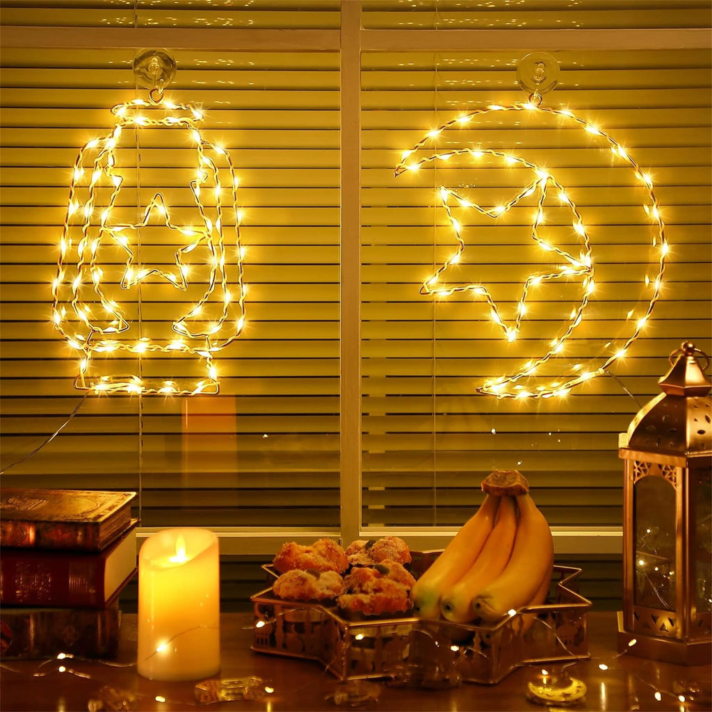 Enhon 2 Pcs Ramadan Mubarak Decorations Window Light, 8 Light Modes Warm White Eid Mubarak Silhouette Light Battery Operated, Islamic Muslim Decor for Window Door Wall (Star Moon and Candle Lantern)