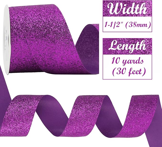 MEEDEE Purple Sparkle Glitter Ribbon 1.5 in × 10 Yards – Wired Edge, Durable & Eye‑Catching Ribbon for Gifts, Decor, Wreaths, Crafts