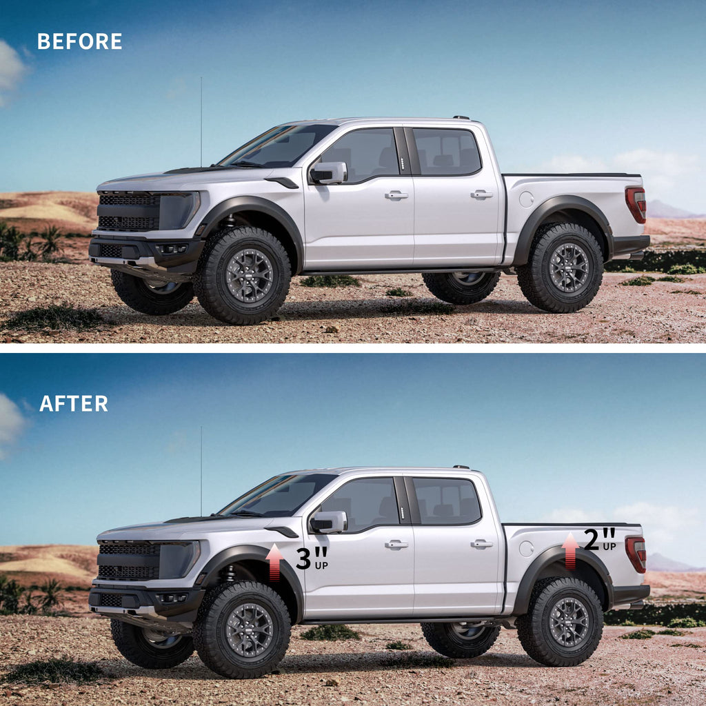 طقم رفع التسوية لشاحنة F150 موديلات 2004-2020، 3 بوصات أمامية و2 بوصة خلفية. طقم رفع التسوية لشاحنة F150، 3 بوصات + 2 بوصة فواصل دعامة لشاحنة F150 موديلات 2004-2020 بنظامي الدفع الثنائي والرباعي.