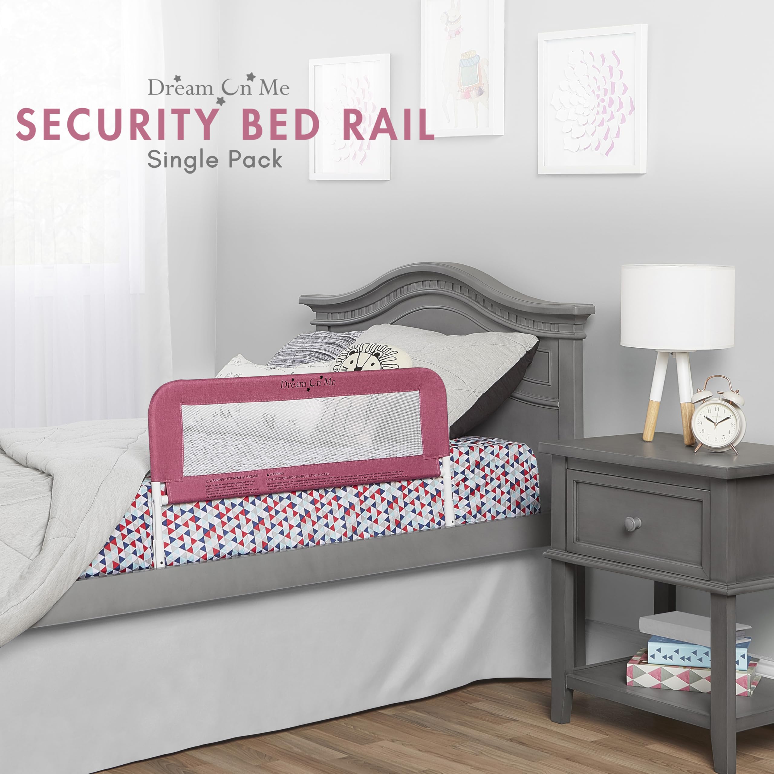 Dream On Me Lightweight Mesh Security Adjustable Bed Rail for Toddler, Breathable Mesh Fabric, Suitable for All Types of Beds, Reinforced Anchor System Bed Guard Rail, Pink