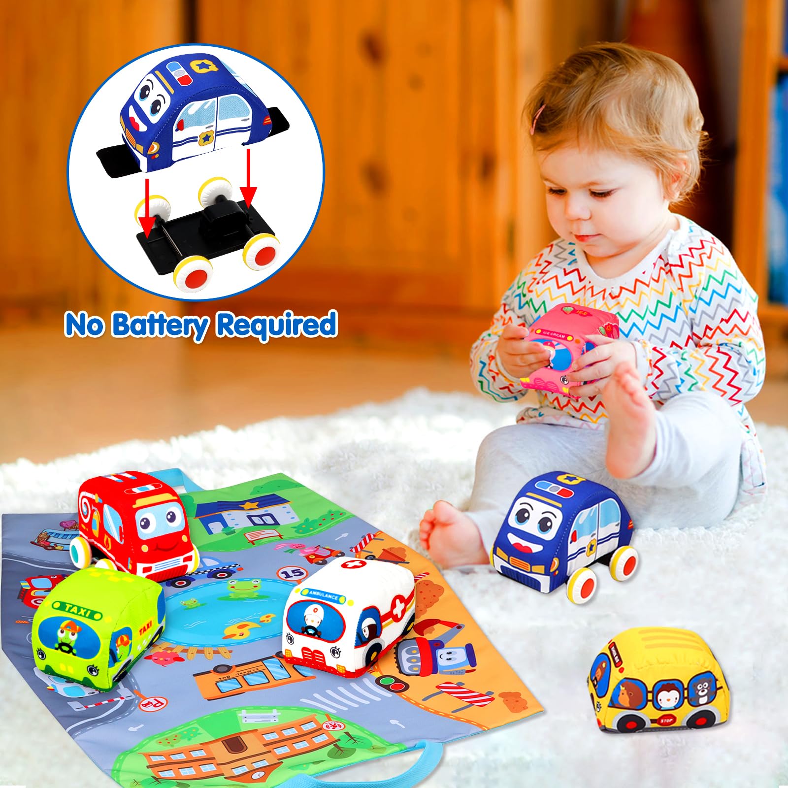 Soft Car Toys for 1 Year Old Boy Girl - Baby Toys 6 to 12 Months 12-18 Months Pull Back Car Vehicle Set with Playmat - 1st Birthday Gifts for Toddler Toys Age 1-2 - Baby