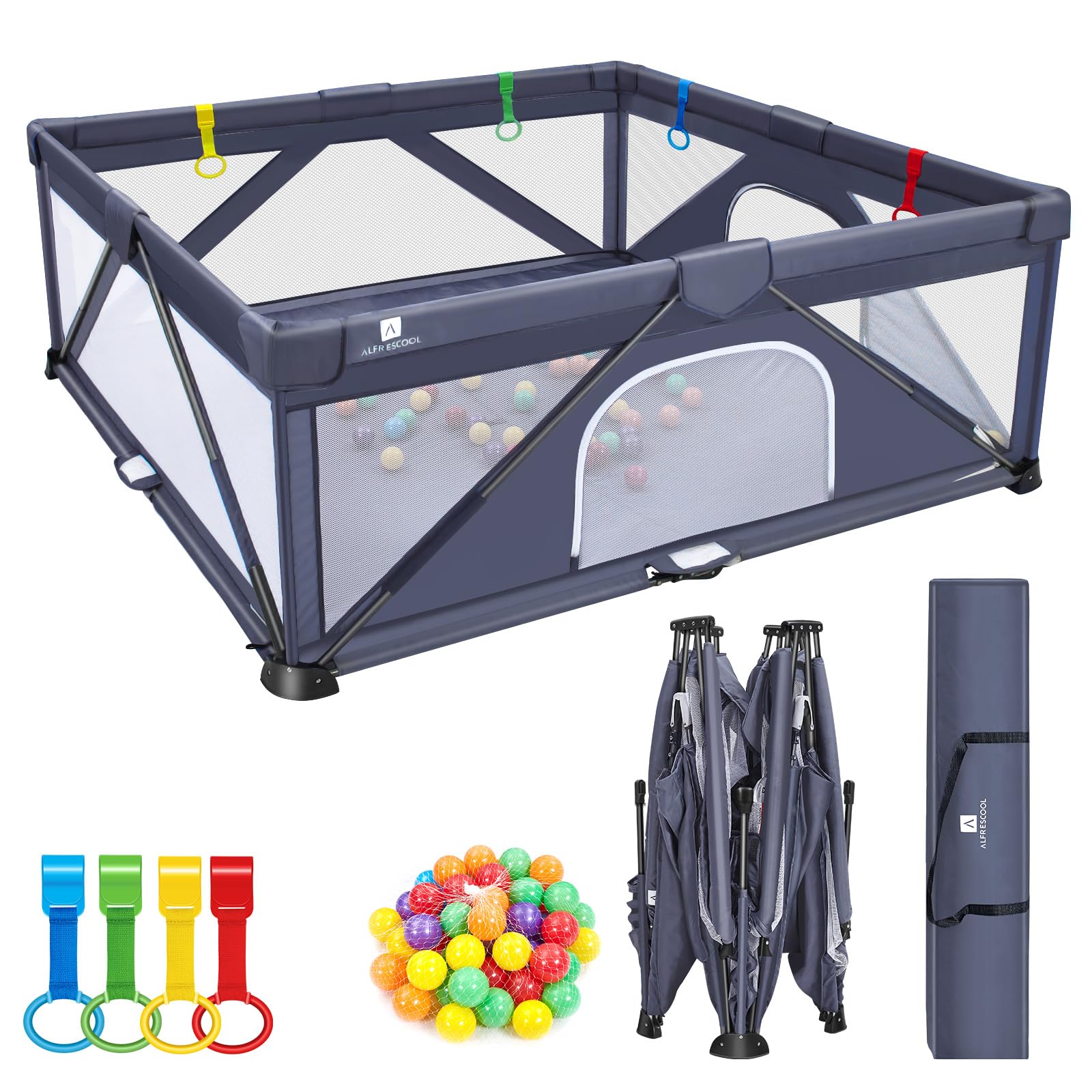 A ALFRESCOOL Baby Playpen, 47"x47"(15.5 sq. ft Space), Foldable Large Playpen for Babies and Toddlers, Indoor & Outdoor Baby Activity Center with Gate & Breathable Mesh, Anti-Fall Portable Play Pens