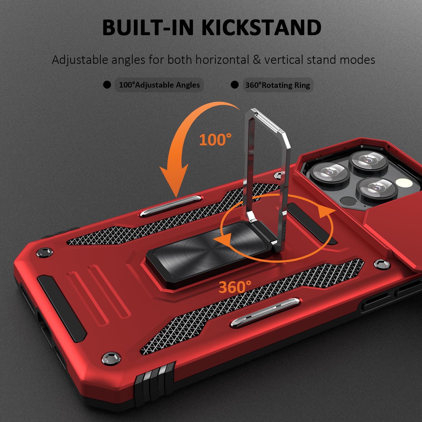 UKLCCU Case for iPhone 15 Pro Phone Case 15 Pro iPhone Case with Slide Camera Cover & Built-in 360° Rotating Kickstand for iPhone 15 Pro - Red