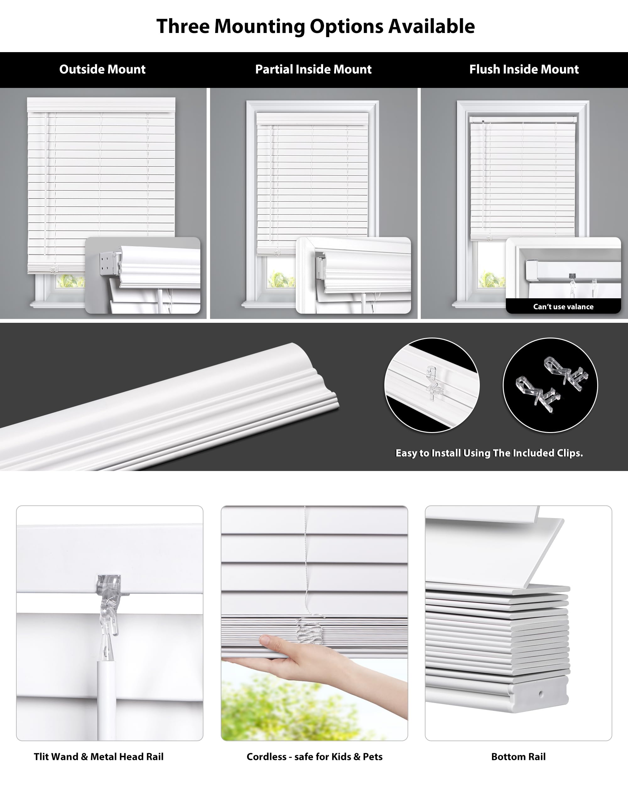 LazBlinds  Cordless Faux Wood Blinds with Royal Valance, Size: 77 cm (W) x 182 cm (H)- White
