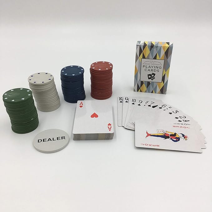 1 Set of Cards, 80 Poker Chips & Dealer Button, in Patterned Box