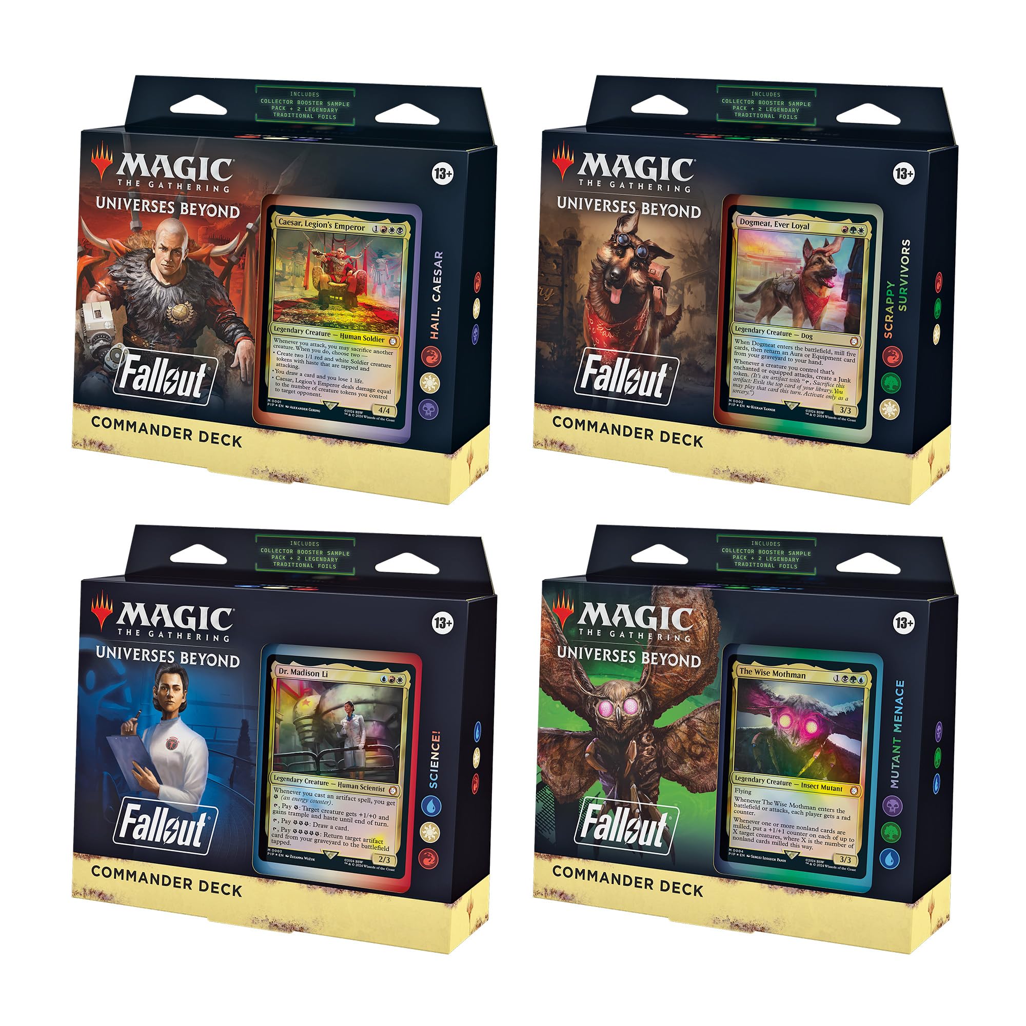 مجموعة بطاقات Fallout Commander من Magic The Gathering - تتضمن جميع البطاقات الأربع (بطاقة Hail Caesar، وبطاقة Scrappy Survivors، وبطاقة Science!، وبطاقة Mutant Menace)
