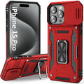 جراب UKLCCU لهاتف iPhone 15 Pro جراب iPhone 15 Pro مع غطاء كاميرا منزلق وحامل مدمج يدور 360 درجة لهاتف iPhone 15 Pro - أحمر