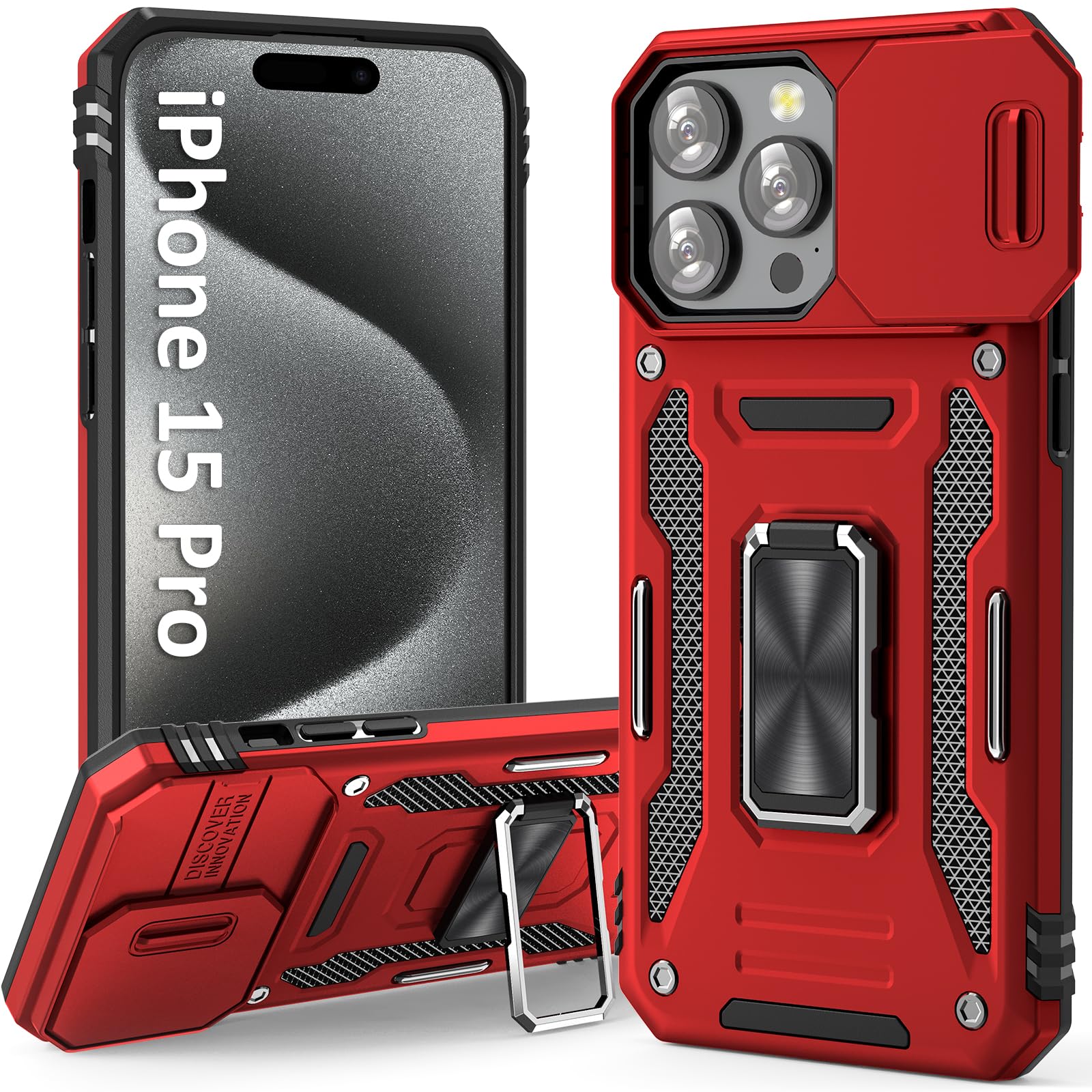 جراب UKLCCU لهاتف iPhone 15 Pro جراب iPhone 15 Pro مع غطاء كاميرا منزلق وحامل مدمج يدور 360 درجة لهاتف iPhone 15 Pro - أحمر