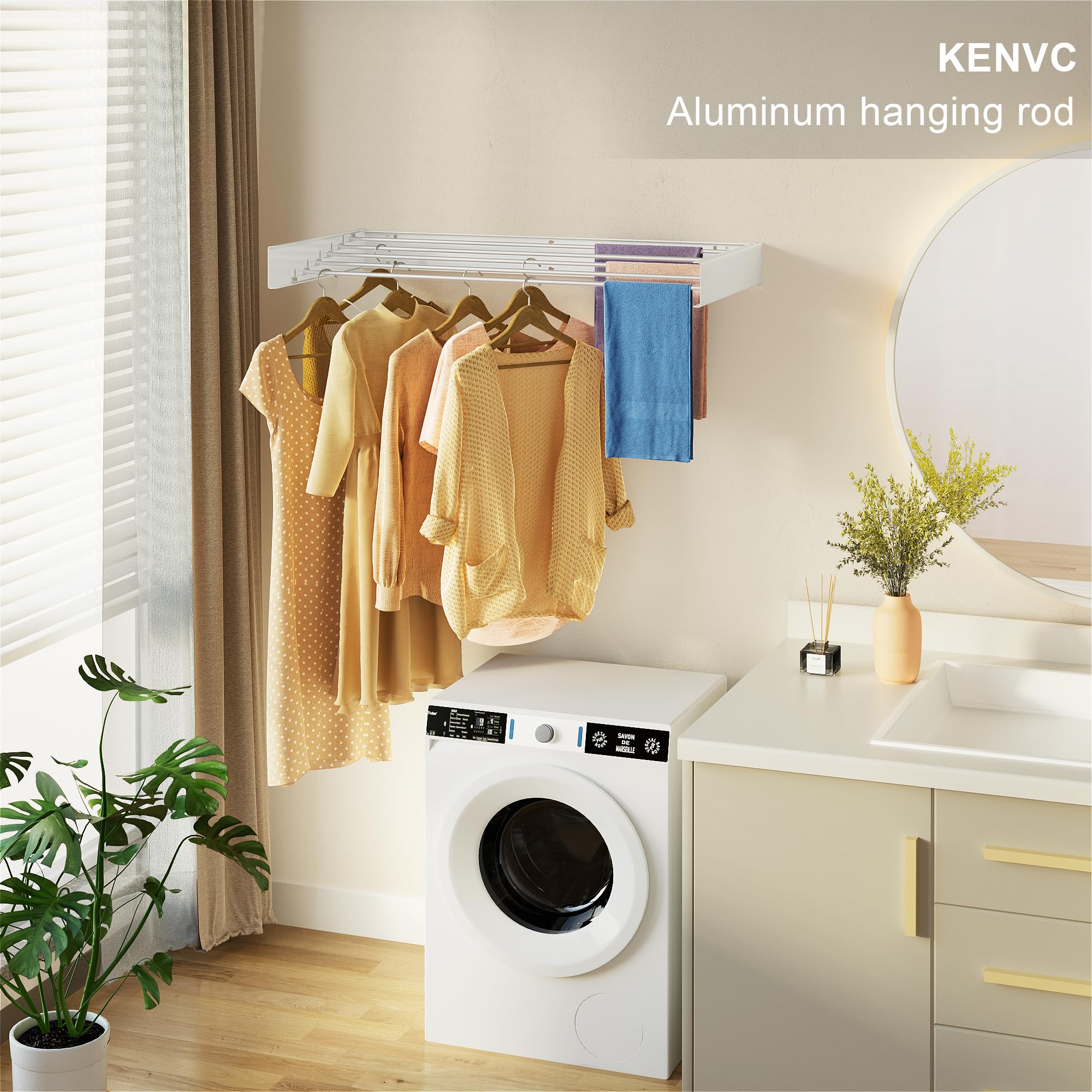 Laundry Drying Rack Collapsible, Wall Mounted, Clothes Drying Rack, 31.4" Wide, 13.2 Linear Ft, 5 Aluminum Rods, 60 lb Capacity, with Wall Template, Screwdriver Bit, Drill Bit (White 31.4" Medium)