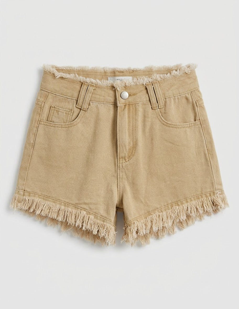 MMJ Khaki Raw Hem Fringe Denim Shorts women