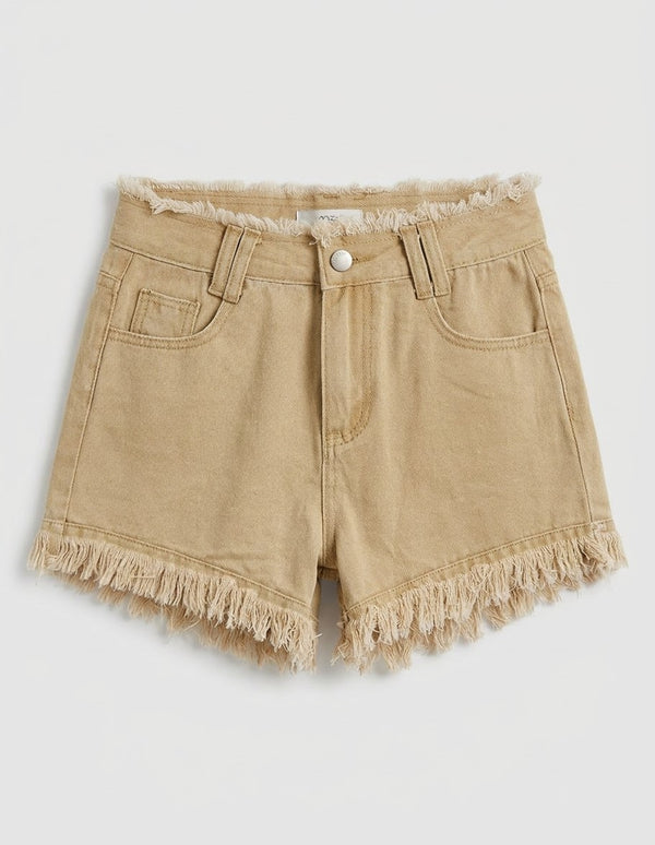 MMJ Khaki Raw Hem Fringe Denim Shorts women