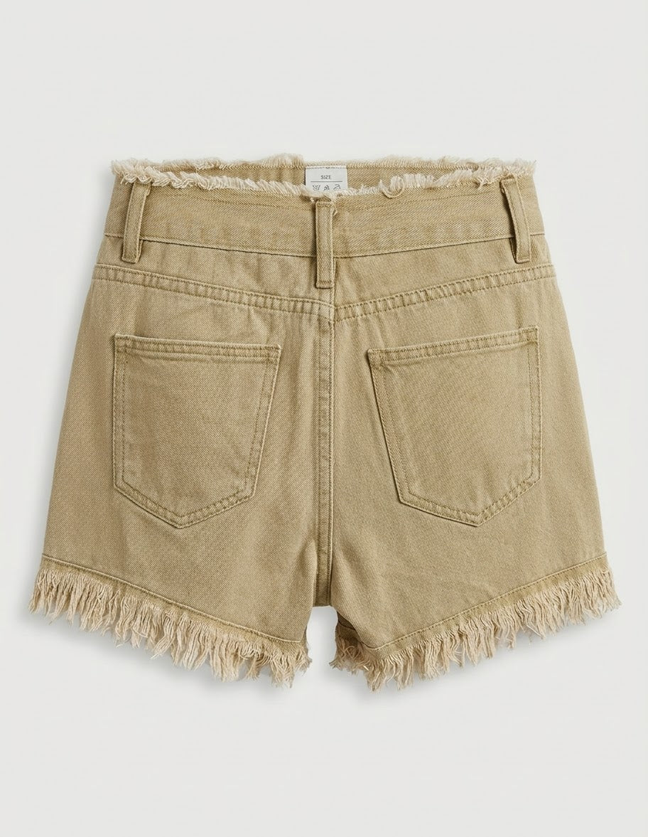 MMJ Khaki Raw Hem Fringe Denim Shorts women