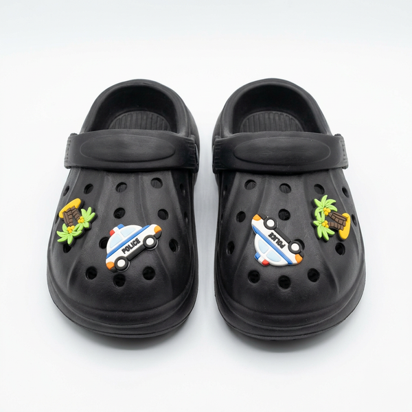 Clogs Kids' Classic Blak  with Police Car & Palm Tree Charms.
