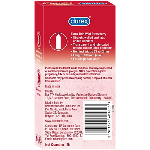 Durex Extra Thin Condoms - Wild Strawberry Flavored, 12 pcs