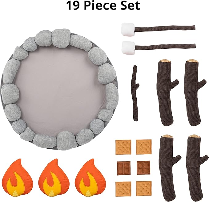 Cart Adventure Kids Pretend Plush Campfire and S'Mores Toy Set | Fun Indoor Camping Accessories | Fake Fire, Logs, Stones and S'Mores for Imagination | Play Set for Learning The Outdoors or Decor