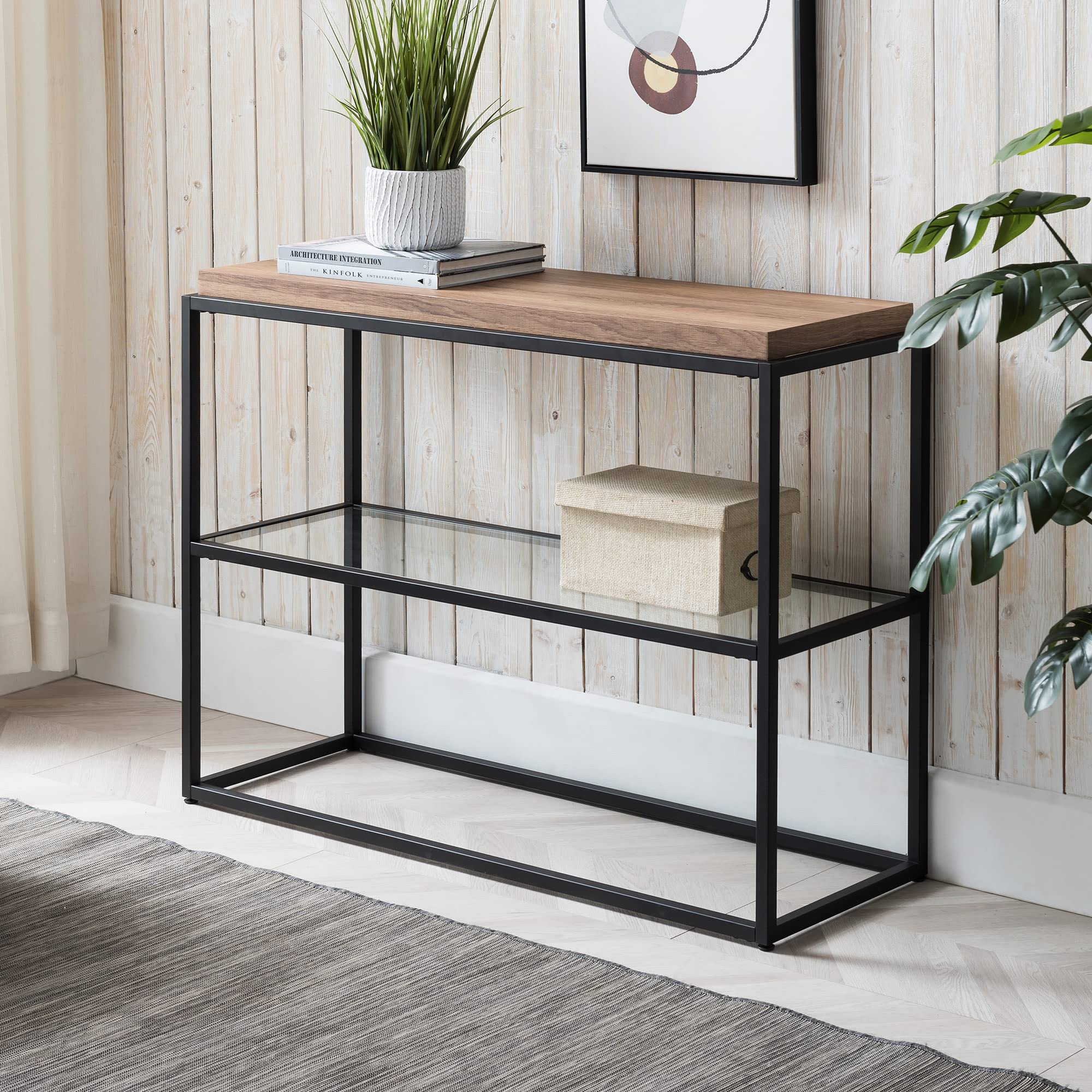 Henn&Hart Blackened Bronze and Rustic Oak Accent Console Table, 42", Black