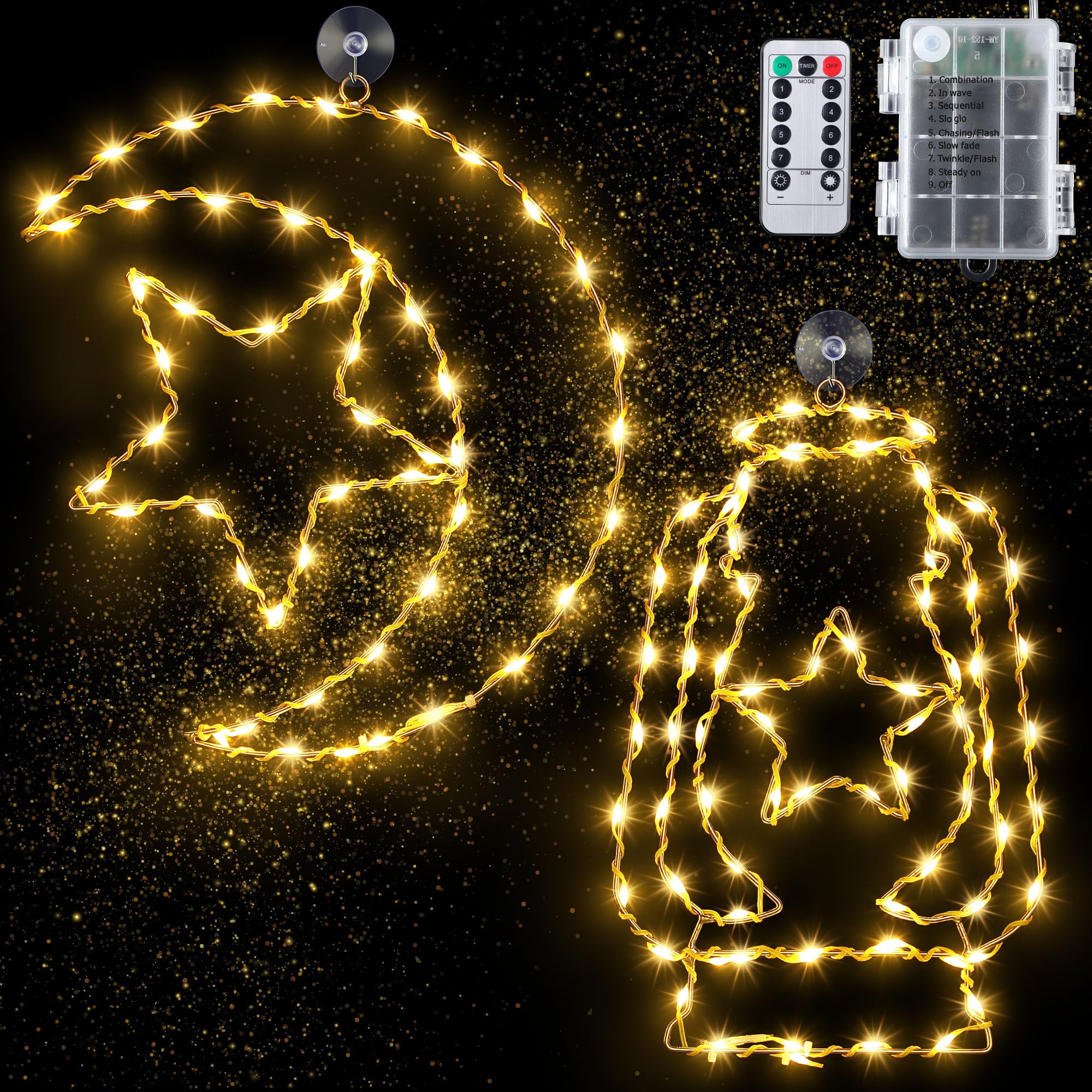 Enhon 2 Pcs Ramadan Mubarak Decorations Window Light, 8 Light Modes Warm White Eid Mubarak Silhouette Light Battery Operated, Islamic Muslim Decor for Window Door Wall (Star Moon and Candle Lantern)