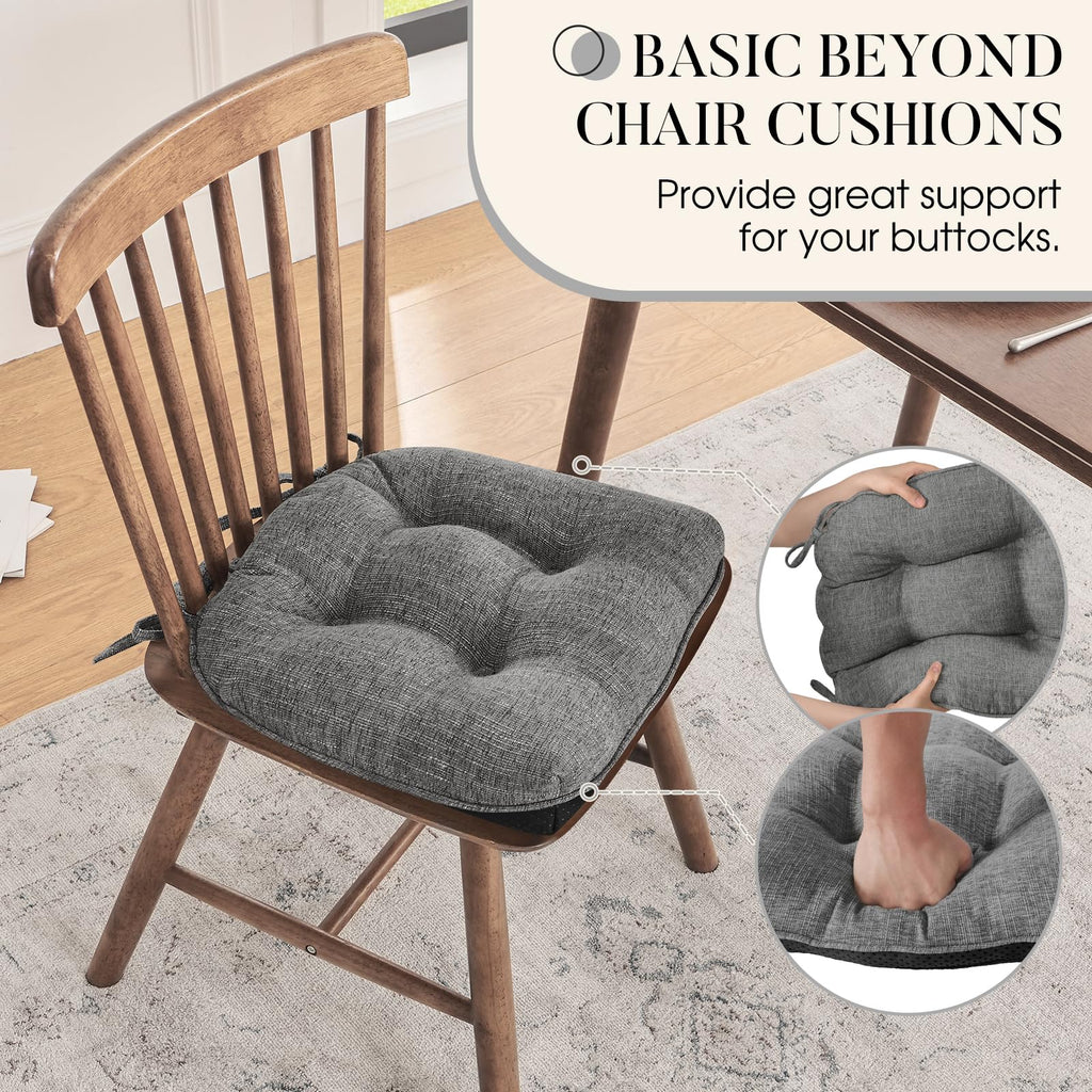 Basic Beyond Chair Cushions for Dining Chairs 4 Pack, Memory Foam Chair Cushion with Ties and Non Slip Backing 40 x 40 CM Tufted Chair Pads for Dining Chairs(Charcoal)