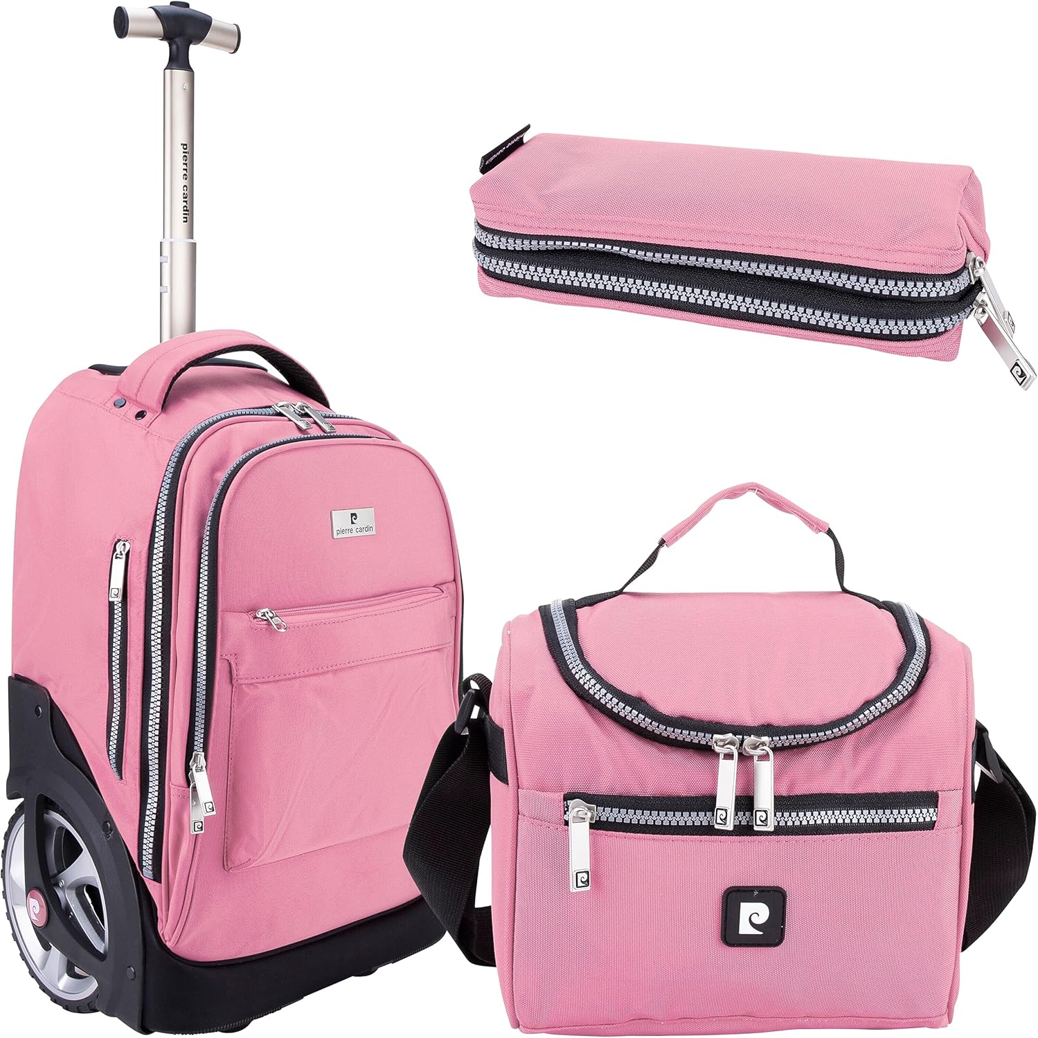 Pierre Cardin Trolley backpack School bag 3 PCS set All in One 2 BIG WHEEL Rolling Backpack Pencil case, Lunch bag and trolley backpack UNISEX PC87067-Pink