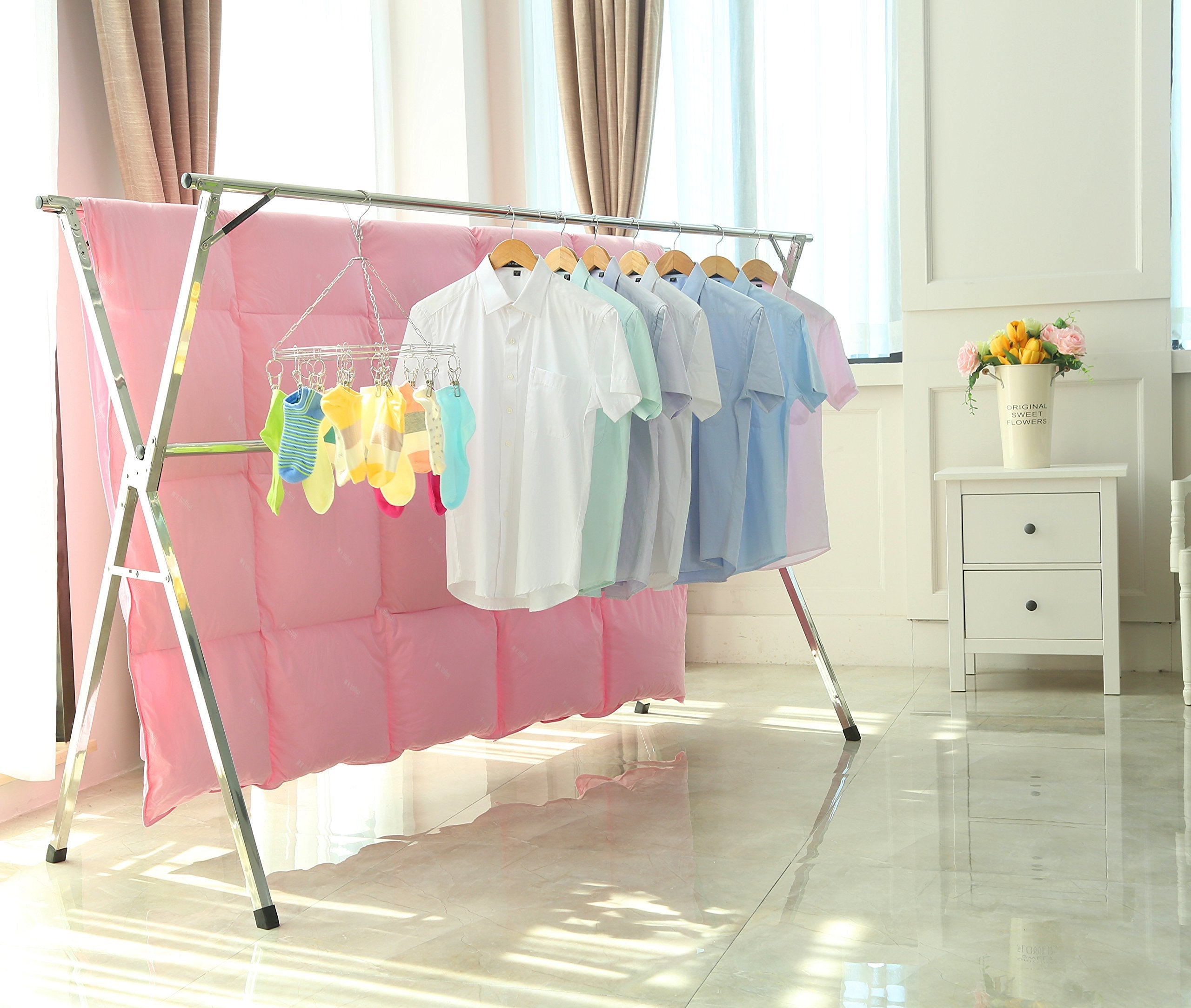 SHAREWIN Clothes Drying Rack Laundry Clothing Foldable Hanging Cloth Drying Racks Stainless Steel Collapsible Garment Rack Space Saving for Indoor Outdoor Free Installed Hanger Heavy Duty