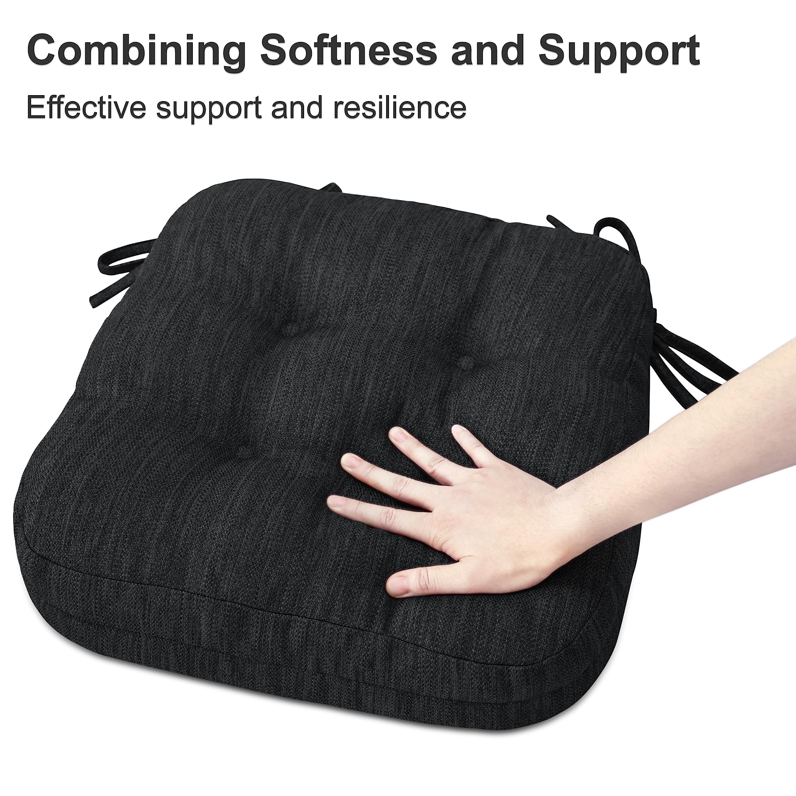 Shinnwa Chair Cushions for Dining Chairs 2 Pack, Tufted Memory Foam Kitchen Chair Cushions, Non-Slip Chair Pads with Ties, 16.5” x 16.5” x 3.5”, Charcoal, Set of 2